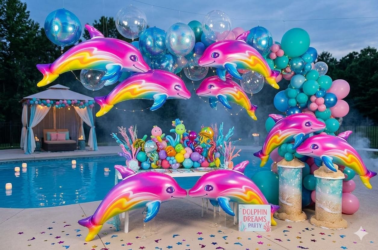 Zugar Land Large 36" Pink Rainbow Colorful Dolphin Inflatable Pool Toy (Pack) Inflate Beach Poolside Aquatic Themed Decor Birthday Party Decoration