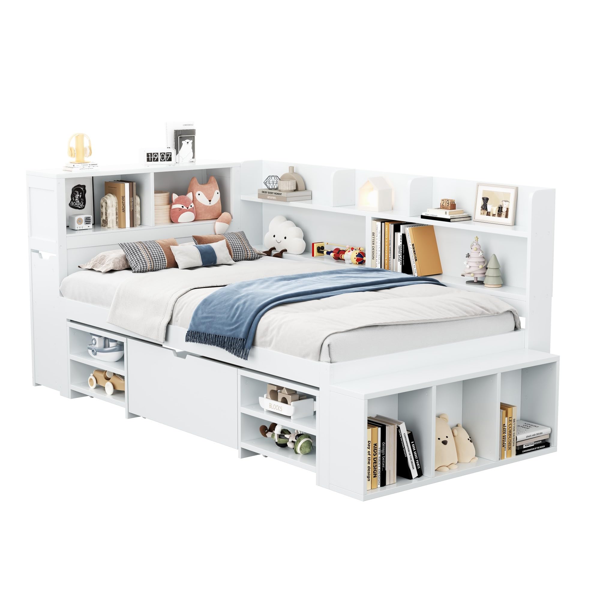 Zepneiy Lit Enfant 90x190 avec tiroirs et étagères, Lit Simple 90x200 multifonctionne avec Grand Espace de Rangement et sommier à Lattes, Crade de Blanc (sans Matelas)