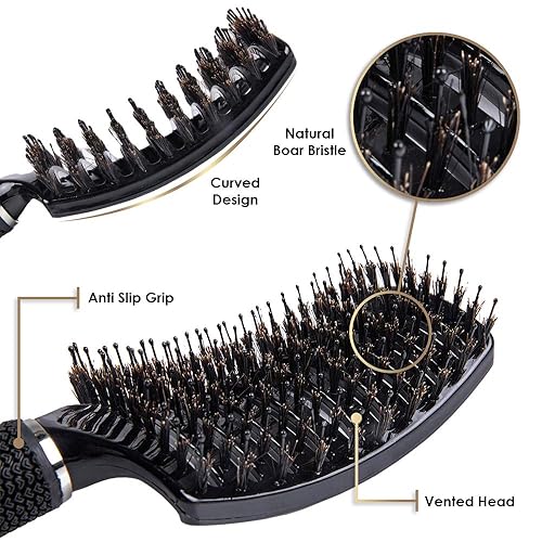 Miniatura 3 de ThickTails Cepillo de pelo de cerdas de jabalí, cepillo de pelo curvado ventilado, cepillo de pelo de secado por soplado para cabello grueso,