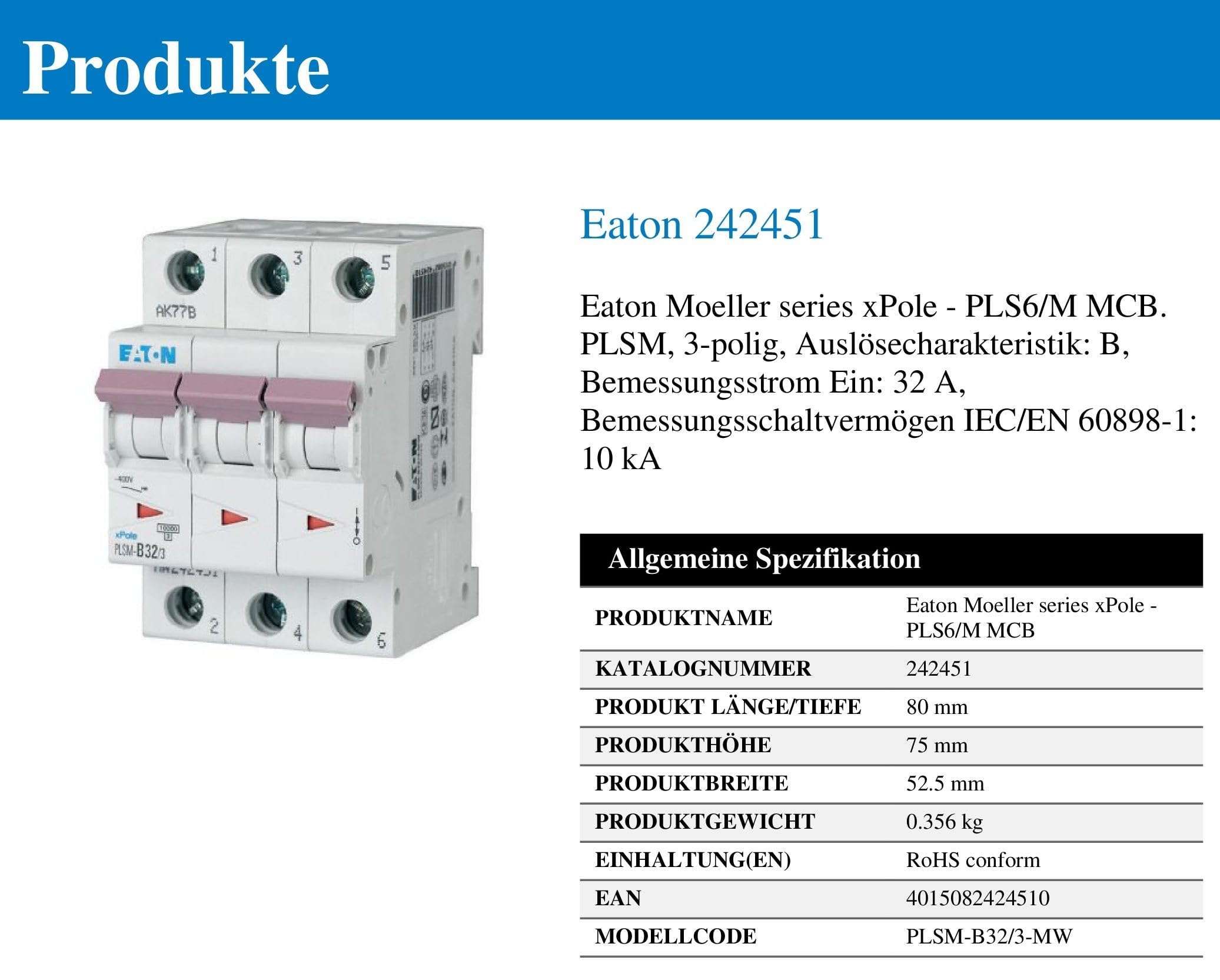 Eaton Leitungsschutzschalter Typ B, 3-polig 32A PLSM DIN-Schienen-Montage