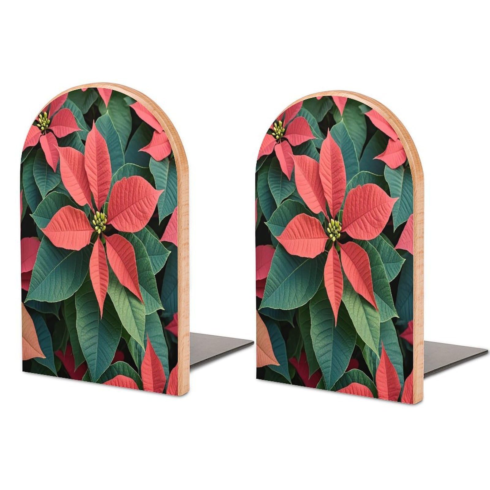 Poinsettia Bookend for Shelves Unique Book End Sturdy Books Holder Heavy Duty Wooden Bookends Support Non-Slip Book Organizers Decorative Modern Bookend Holder for Home