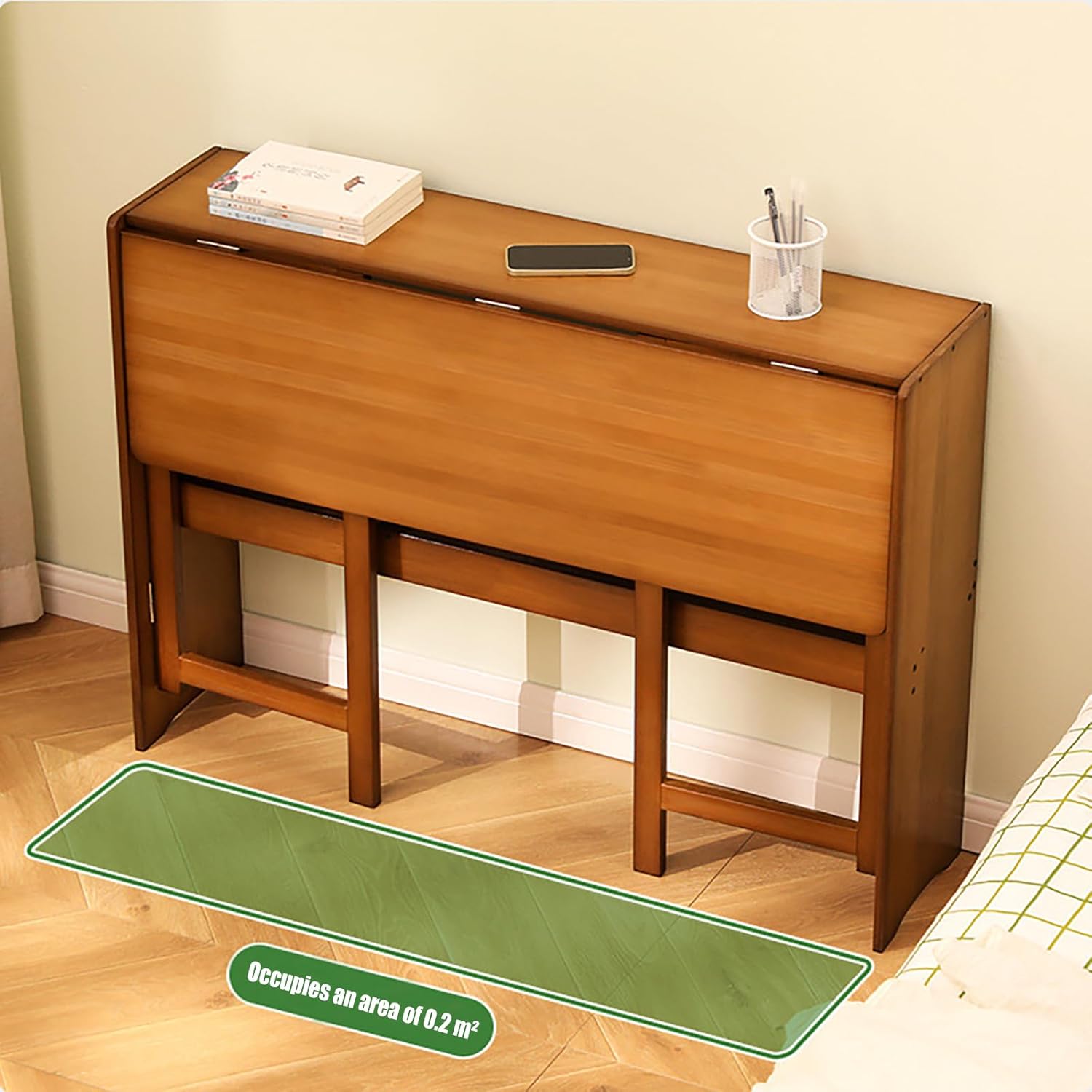 Bamboo Folding Desk Writing Computer Desk, Wood Desk with Storage Shelf, Foldable Computer Table Home Office Desk for Bedroom, Living Room, Dormitory, Small Space (Brown)