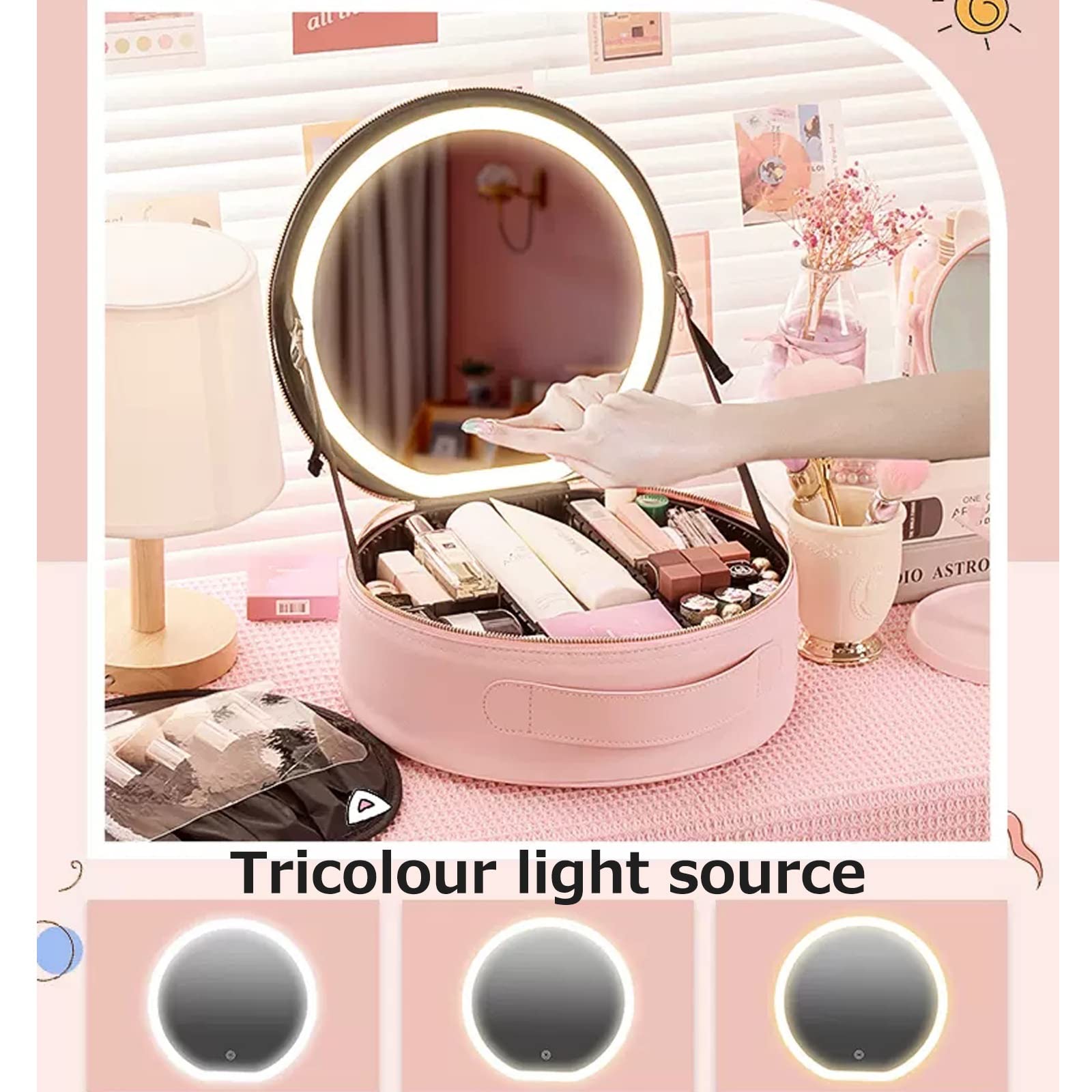 HJXGQJM Valigia Trucchi Cofanetto Makeup Beauty Case da Viaggio Organizzatore per Cosmetici con Specchio, con Luce LED Rotondo Nero Valigia da Trucco Professionale(Pink)