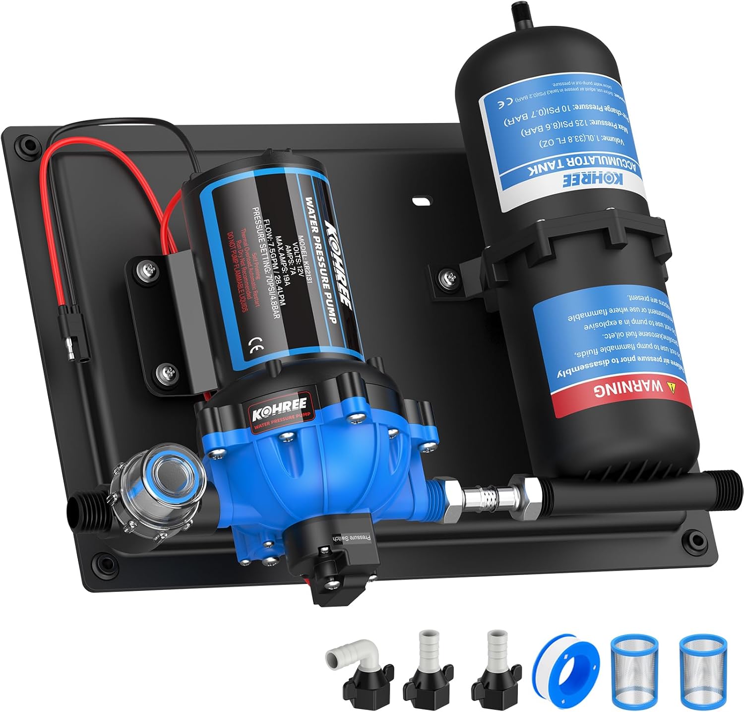Kohree RV Water Pump 12V DC 7.5GPM 70PSI and 1L 125PSI Pre-Pressurized Accumulator Tank, Quiet RV Water Pump and Accumulator Tank System for RV Camping, Boat, Kitchen, Bathroom