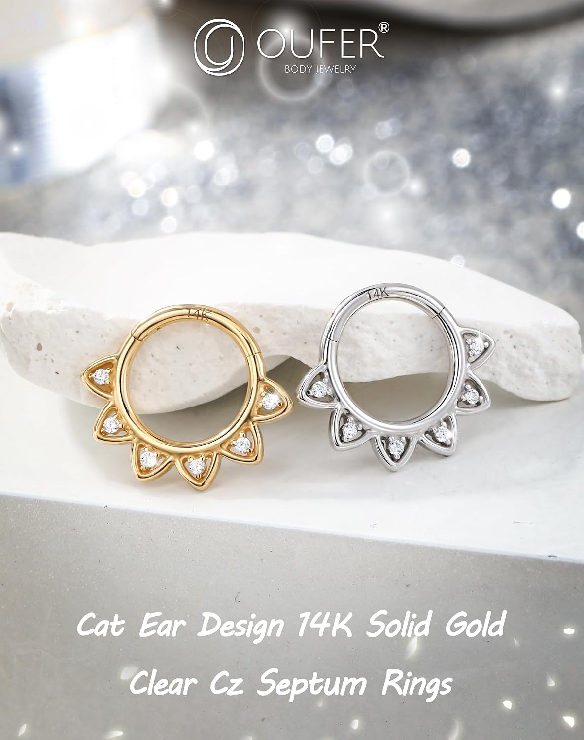 OUFER 16G Daith Piercing Jewelry, 14K Solid Gold Daith Earrings, Clear CZ Design Daith Hoop Earring, Septum Helix Cartilage Piercing Jewelry