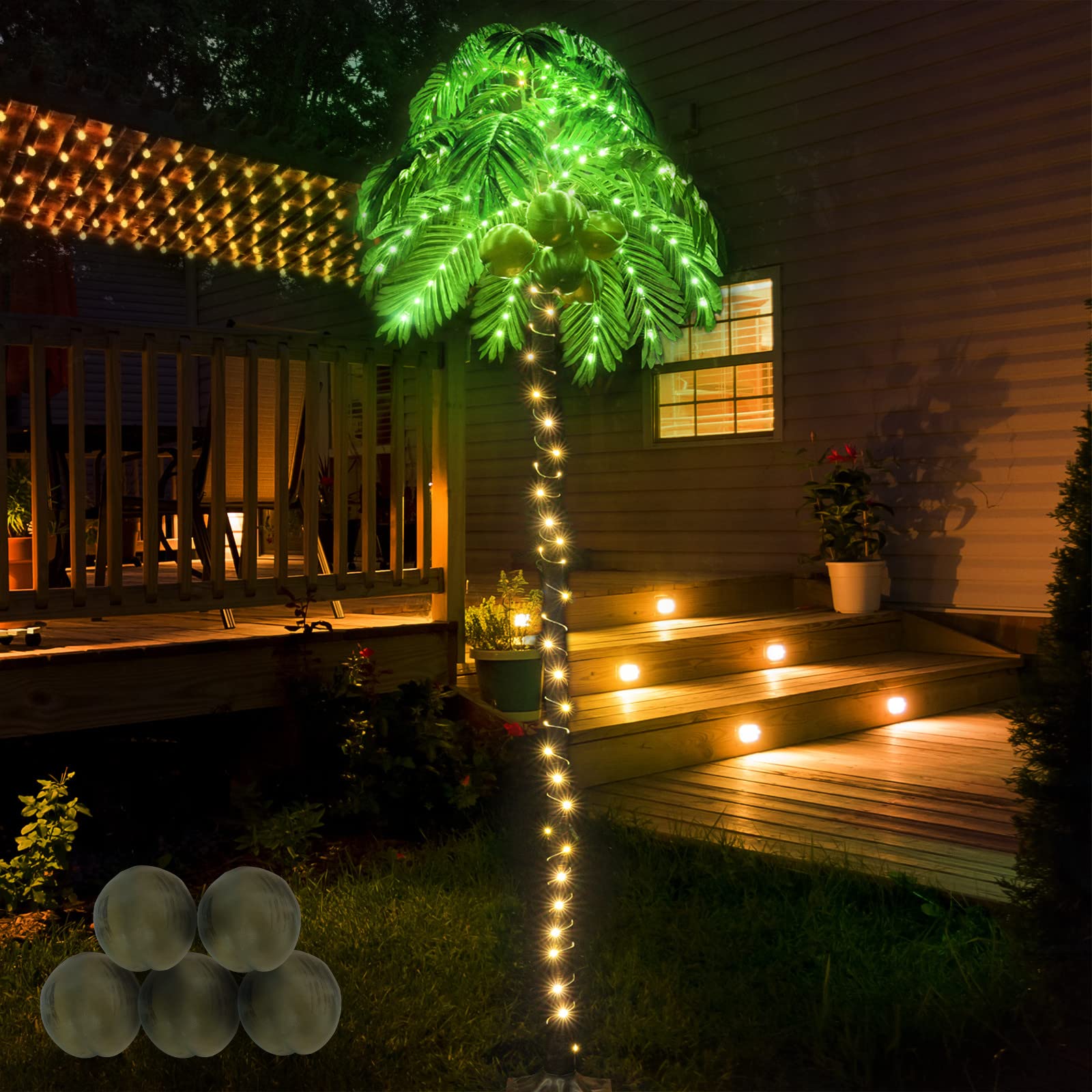 Lighted Palm Trees, 7FT 187 LED Artificial Palm Tree with 5 Coconuts