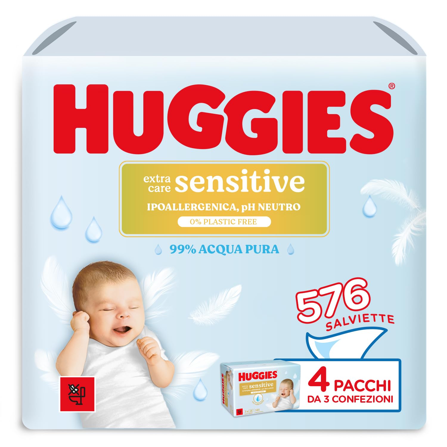 Huggies Extra Care Sensitive, Salviette neonato per pelli sensibili, 99% Acqua pura, 100% Plastic-free, Senza parabeni e alcool, 576 Pz (4 Pacchi da 3 Confezioni)