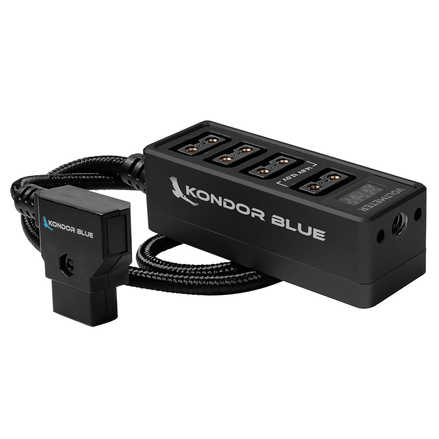 KONDOR BLUE | 12V D-Tap Power Hub Splitter with Voltmeter, 4 Way | 1/4-20 Threads, ARRI Anti Twist Locating Points, Multi Hole Mounting, Power Distribution for Camera Rigs | Black