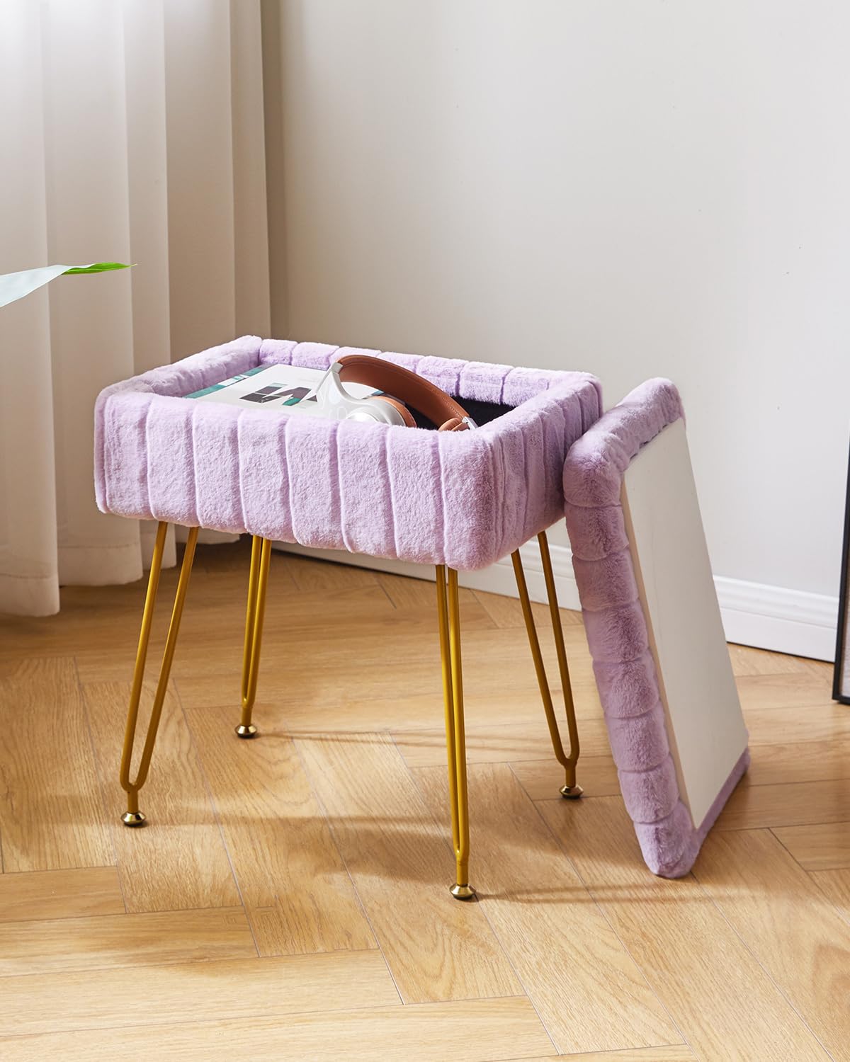 IBUYKE Taburete de Terciopelo con Almacenamiento, Otomano, Mesa Lateral, 4 Patas Metálicas, Antideslizante, Púrpura