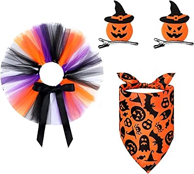 3 Pcs Pet Costumes Halloween with Pumpkin Witch Hairpin, Bandana Collar and Tutu Dress for Dogs Cats, Halloween Carnival Costume Party Cosplay Dress Up Decoration, A