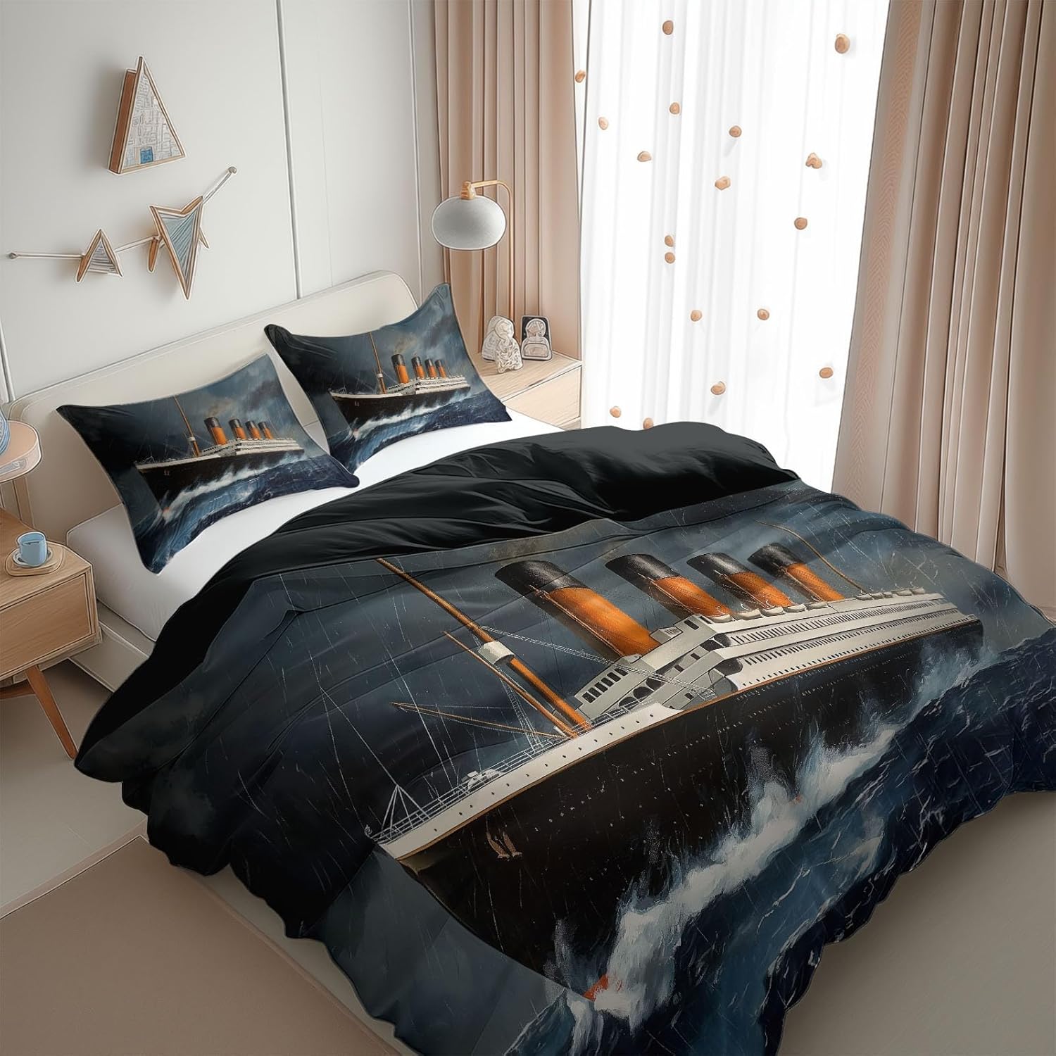 Full Duvet Cover Set Ocean Cruise Ship Bedding, Lightweight Luxury Black Duvet Cover (80" x 90") with Zipper Closure, Ultra Soft Titanic Bedding for Boys Girls Kids Teens Bedroom Decor