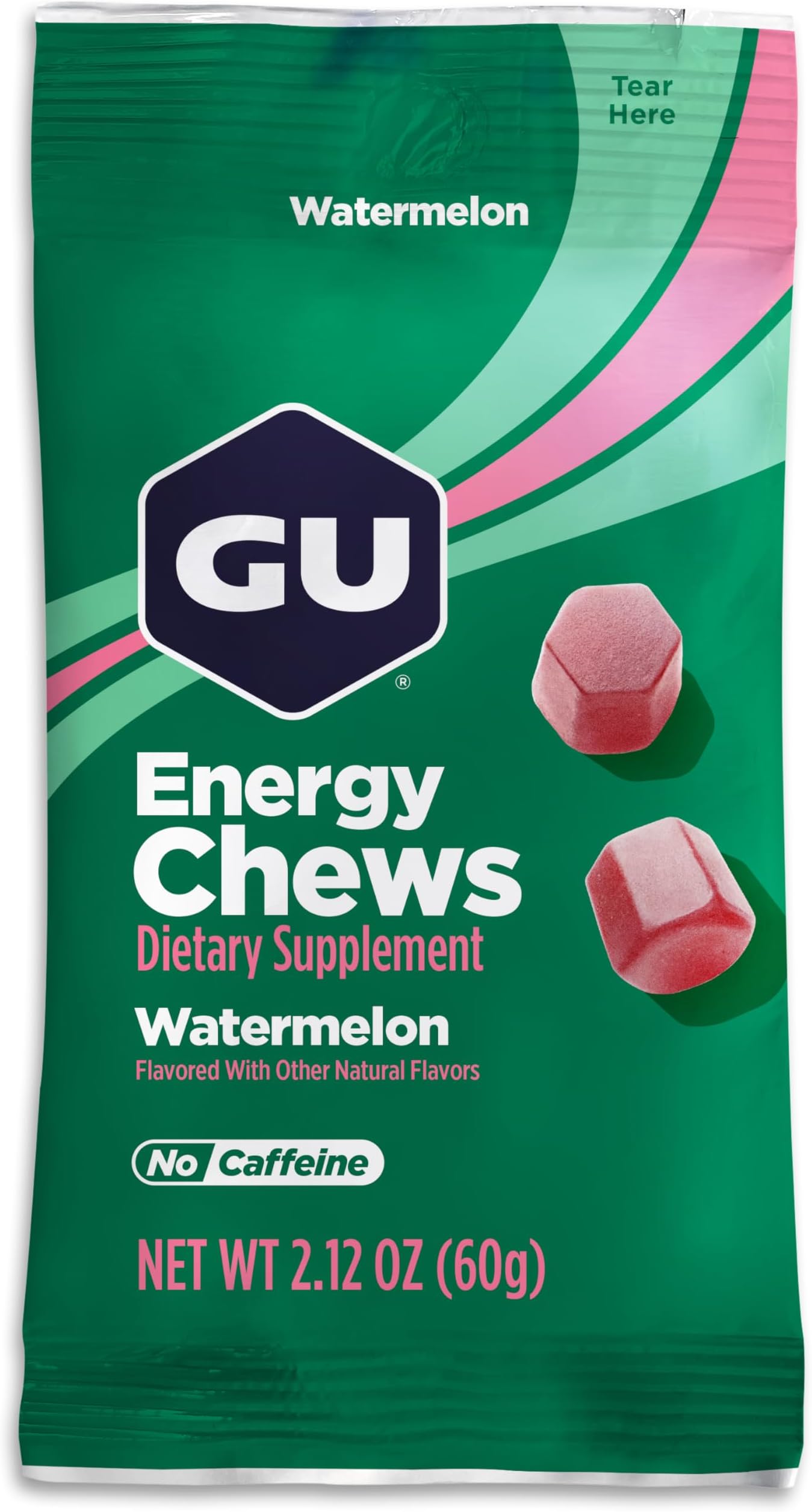 GU Energy Chews, Watermelon Energy Gummies with Electrolytes, Vegan, Gluten-Free, Kosher, Caffeine-Free, and Dairy-Free On-The-Go Energy for Any Workout, 12 Bags (24 Servings Total)