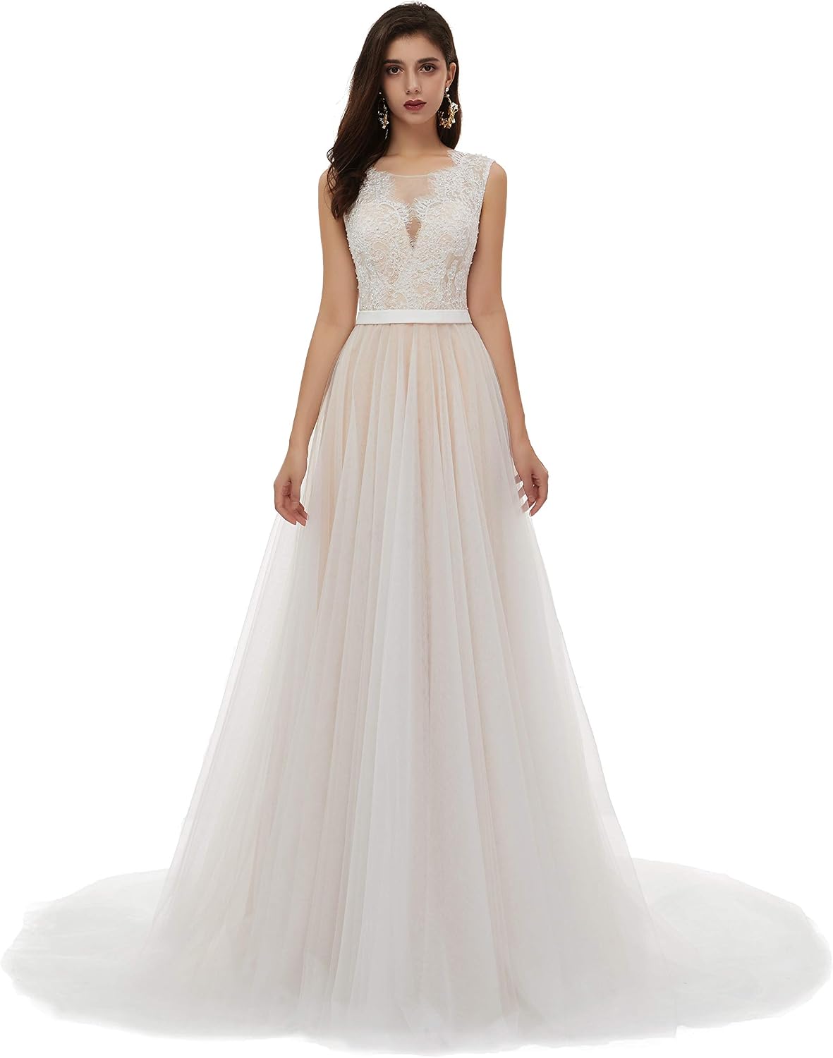 Women's Beaded Lace Appliques Tulle Beach Wedding Dress Boho Bridal Gown