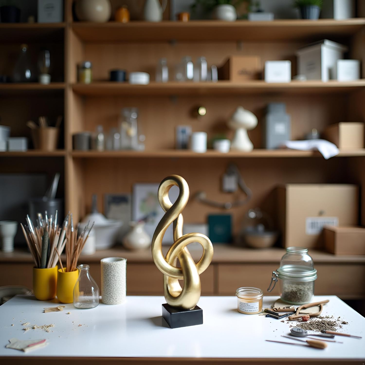 16" Modern Abstract Ribbon Decorative Sculpture, Knot Sculptures,Home Decor,Coffee Table Statues,Dining Living Room Desk Decor,Musical Note,Golden