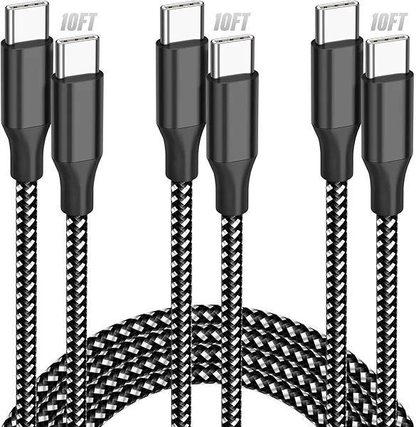USB C Cable Fast Charging, 3 Pack 10FT USB C to USB C Cable, 60W Type C Nylon Braided Charger Cable for iPhone 16/15/iPad MacBook CarPlay and More-(Black White)