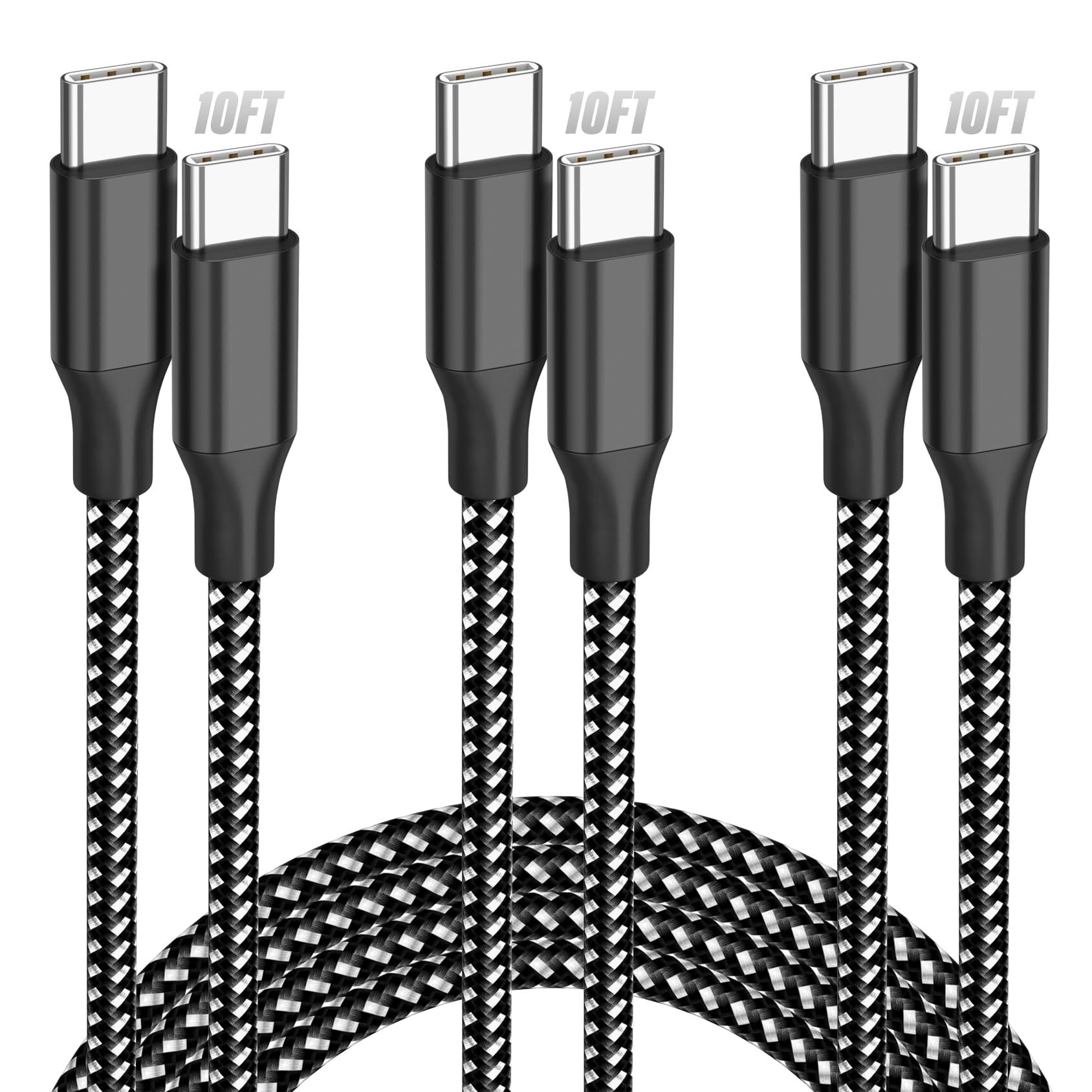 USB C to USB C Cable, 3 Pack 10FT 60W Type C Nylon Braided Charger Cord Fast Charging for iPhone 17 16 15 Series iPad MacBook CarPlay and More (Black)
