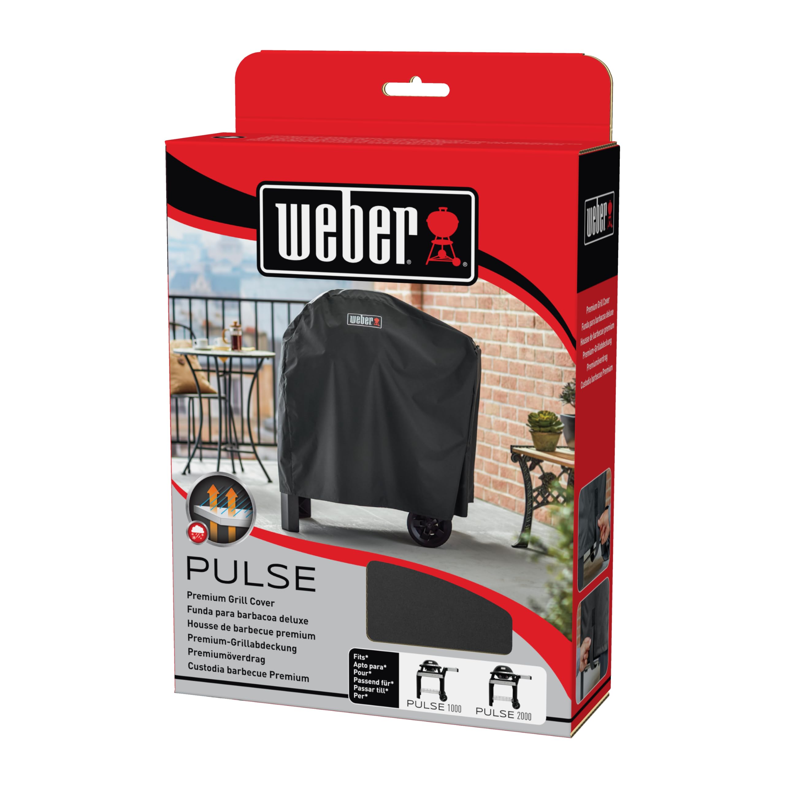 Weber Premium Grill Abdeckhaube für Pulse 1000/2000 mit Rollwagen, atmungsaktiv UV- & wasserbeständig, Schutz for Wind & Wetter, mit Klettverschluss zum Befestigen - Schwarz (7181)