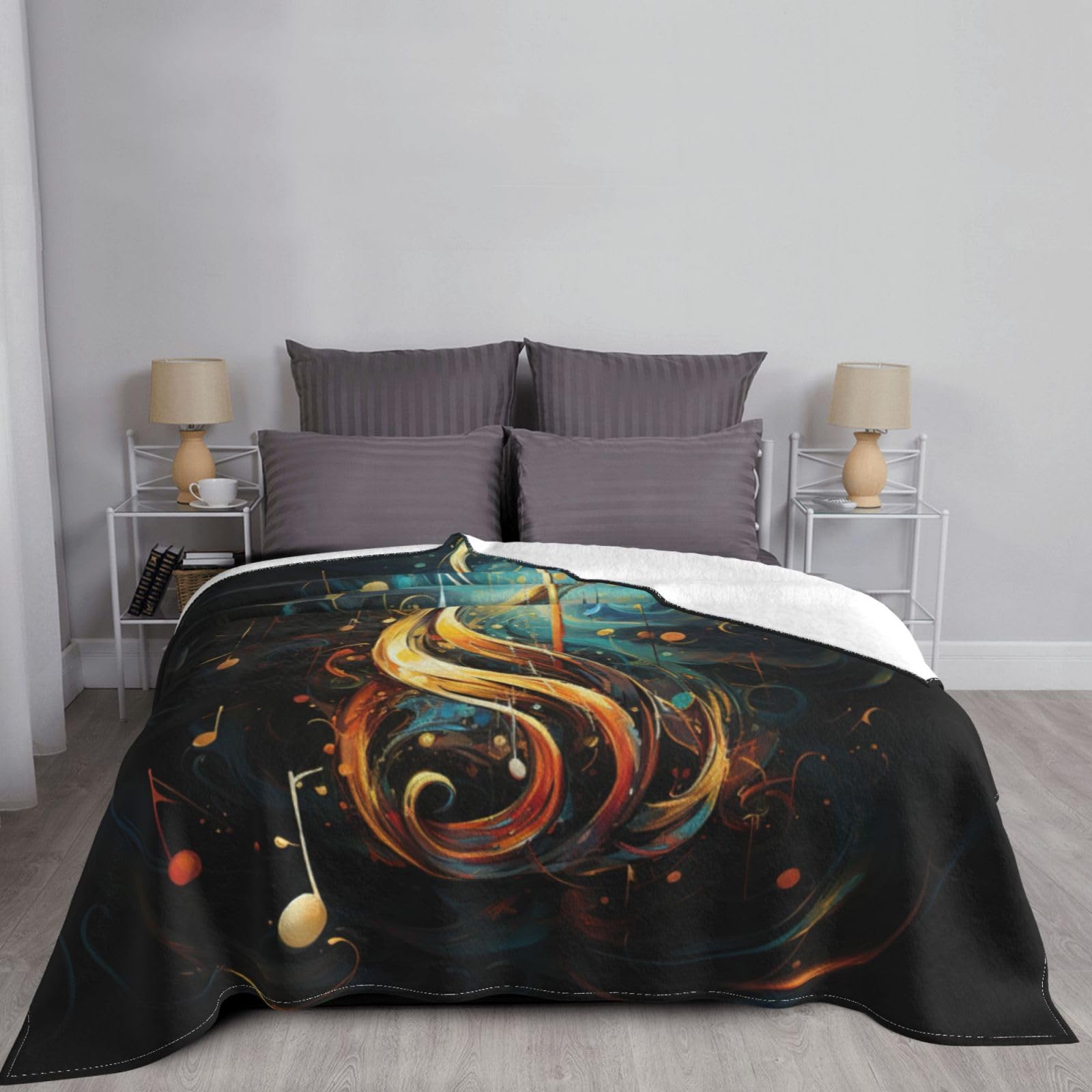 Coperta decorativa morbida e calda in flanella per bambini, cane, gatto, 127 x 152 cm, stampa con simboli musicali