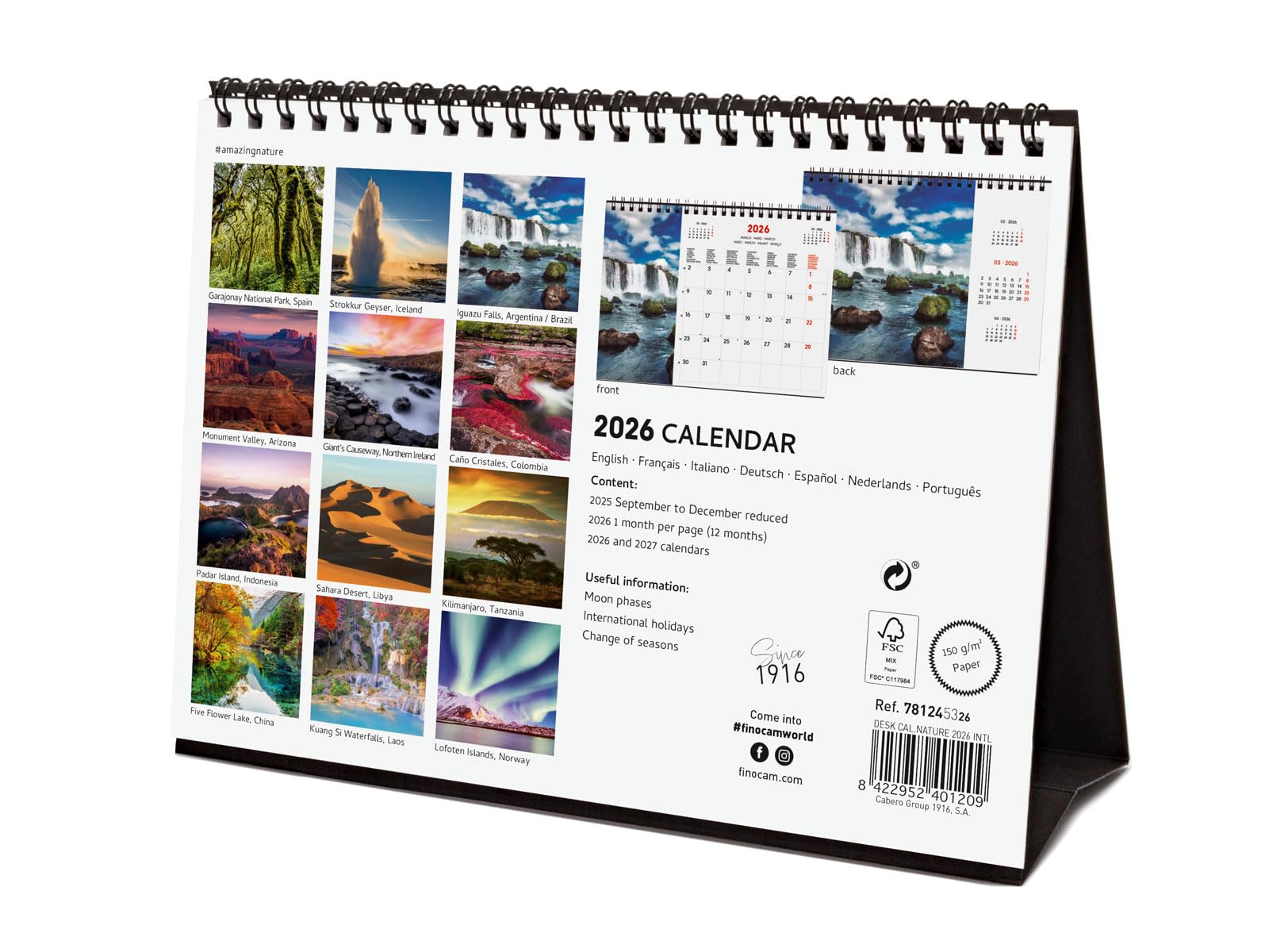 Finocam Desktop Calendar 2026 Month to View January, December 2026 + Sep-Dec 2025 (4 months) reduced, Images Nature, International