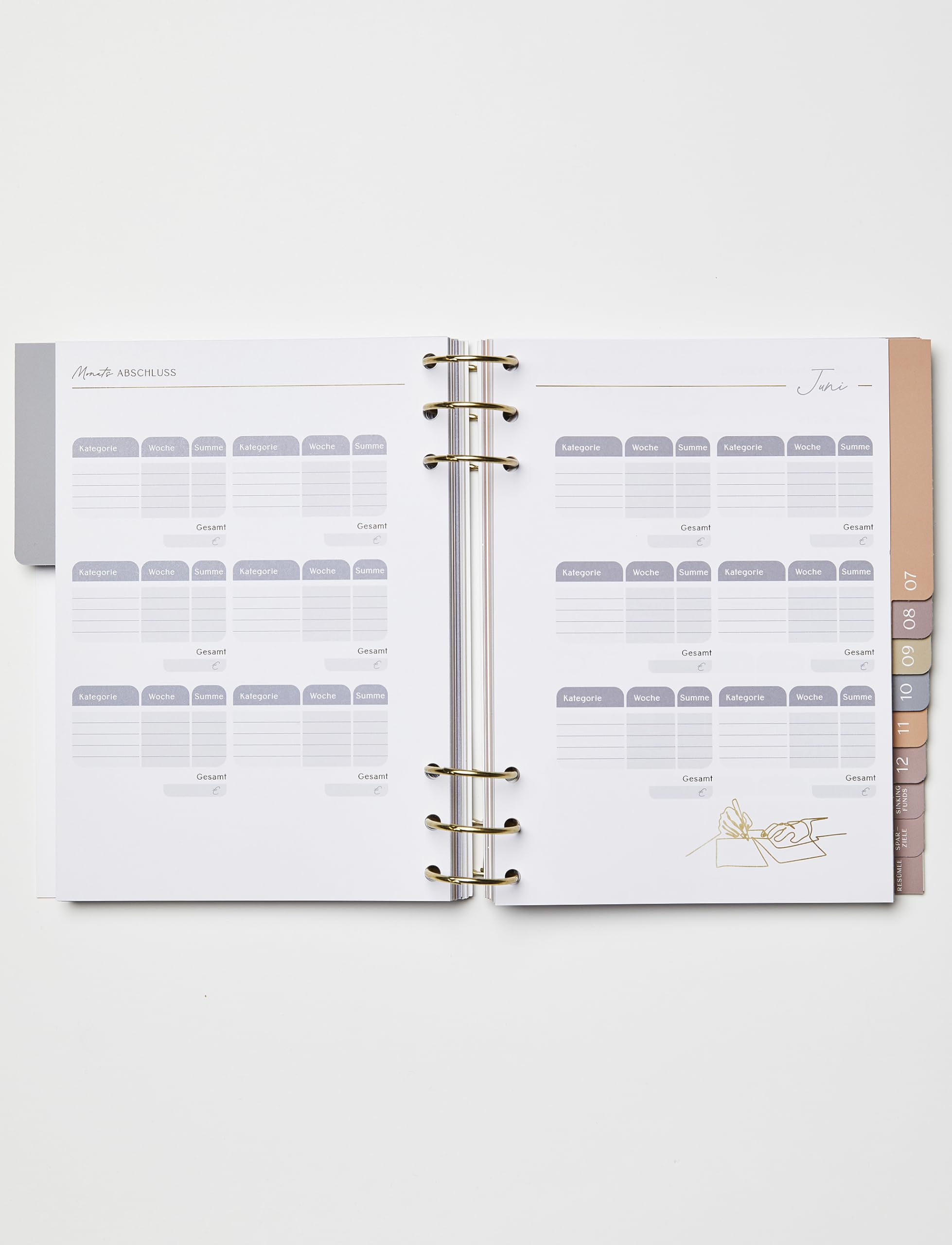 Moneyglow® Mein Budgetplaner A5 deutsch I 310 Seiten I goldene Ringe zum Öffnen I Seiten immer wieder austauschbar I Register I Illustrationen I satiniertes Schreibpapier I undatiert
