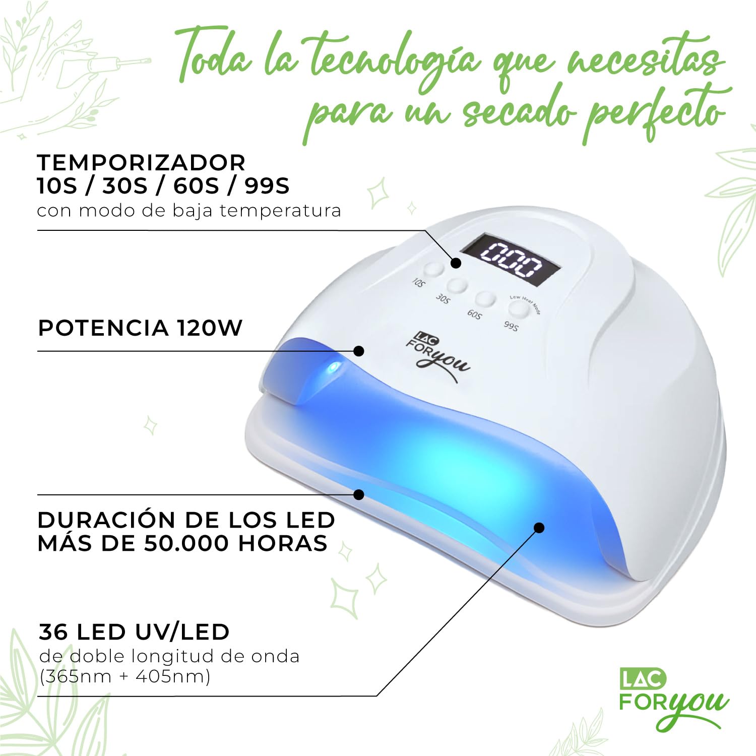 LAC FOR YOU Lampara Uñas Semipermanentes 36 LED UV LED 365/405 nm – Lampara UV Led Uñas Compacta con 4 Temporizadores Low Heat, Base Extraíble, Pantalla LCD - Nail Lamp Secador Gel