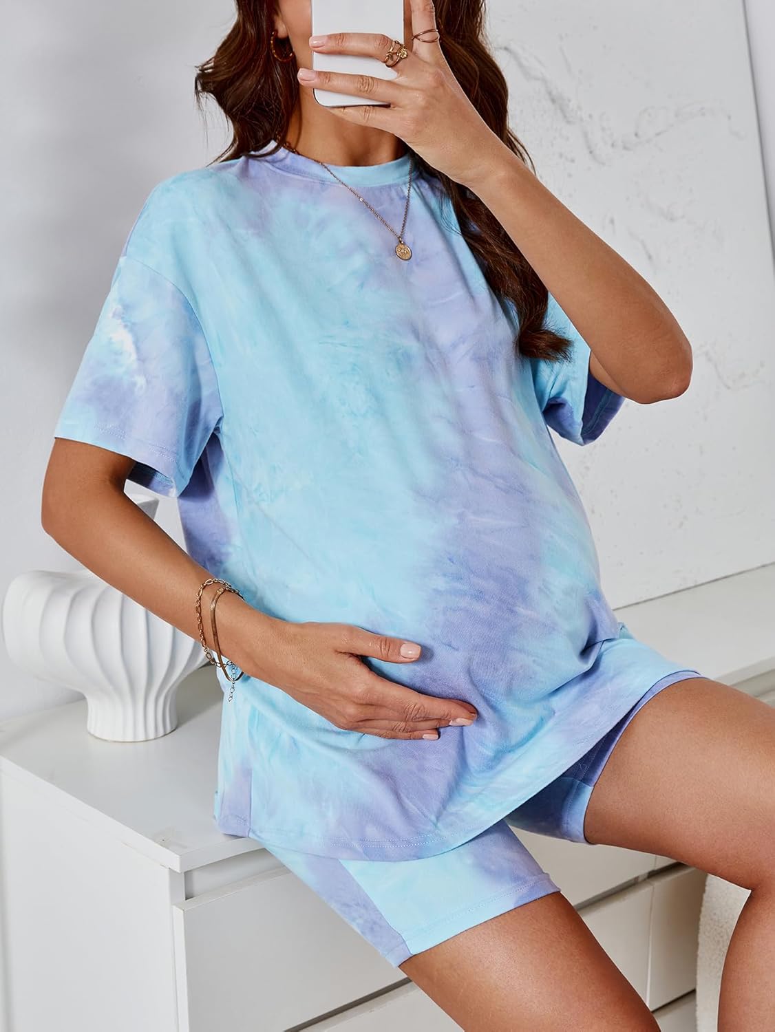 MakeMeChic Women's Maternity 2 Piece Outfit Tie Dye Pajamas Set Short Sleeve Tee Shirt and Biker Shorts Pregnancy Lounge Set