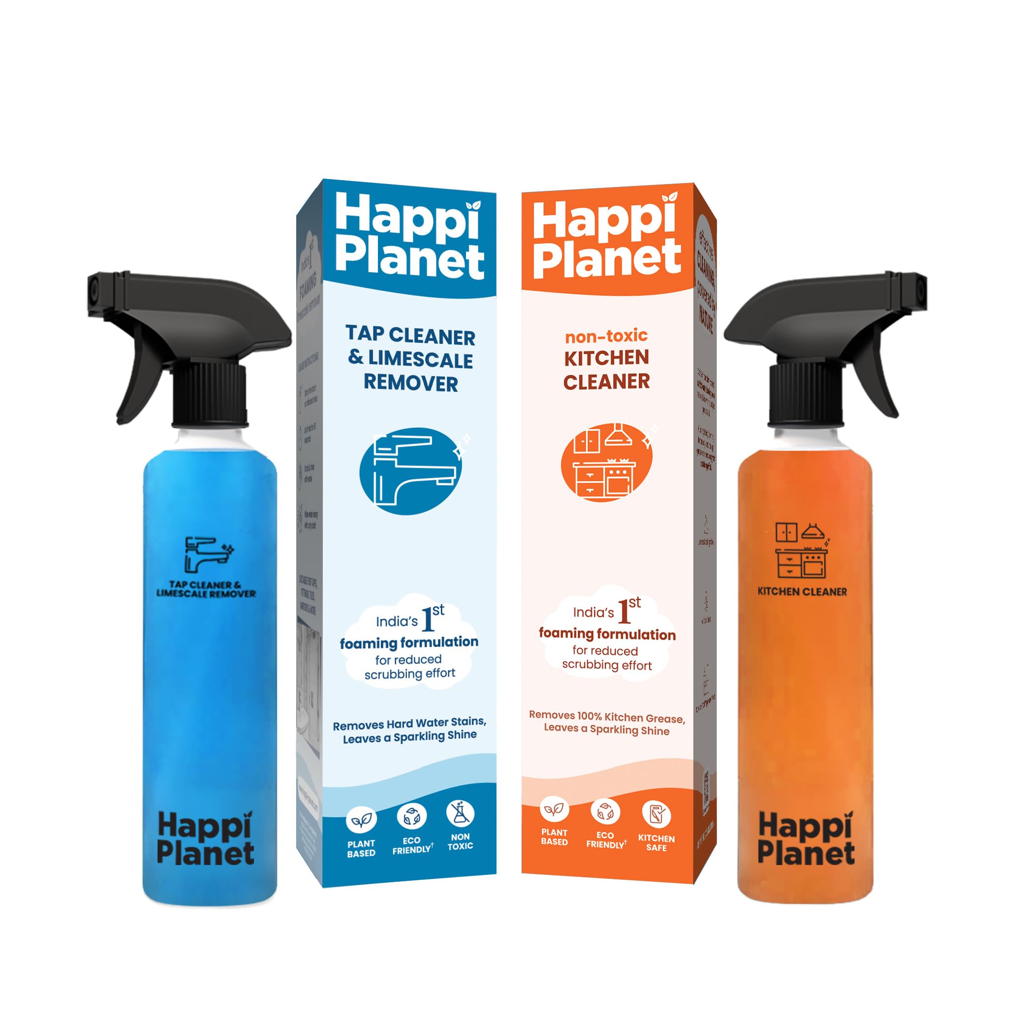 Happi Planet | Limescale Remover & Kitchen Cleaner Combo | India’s 1st Foaming Solution for Reduced Scrubbing | Suitable for Stove, Chimney, Exhaust Fan & Bathroom Fixtures, Tiles, Mirrors