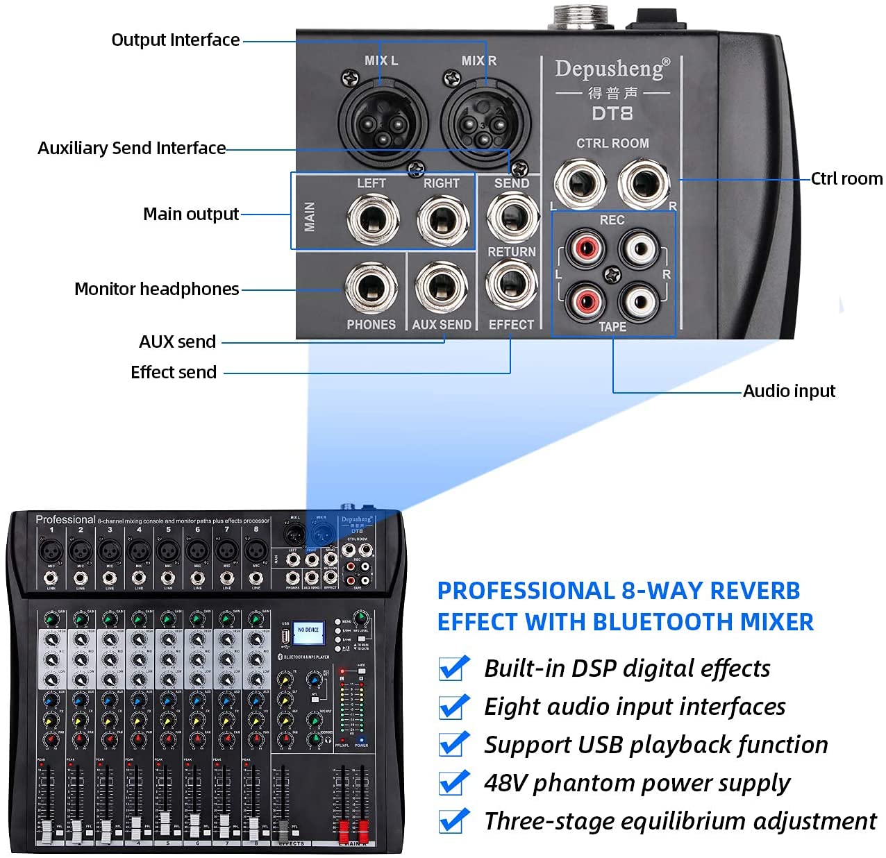 Depusheng DT8 Mixer professionale Scheda audio Console 8 canali Interfaccia sistema scrivania USB digitale Computer Ingresso MP3 Alimentazione Phantom 48V, nero