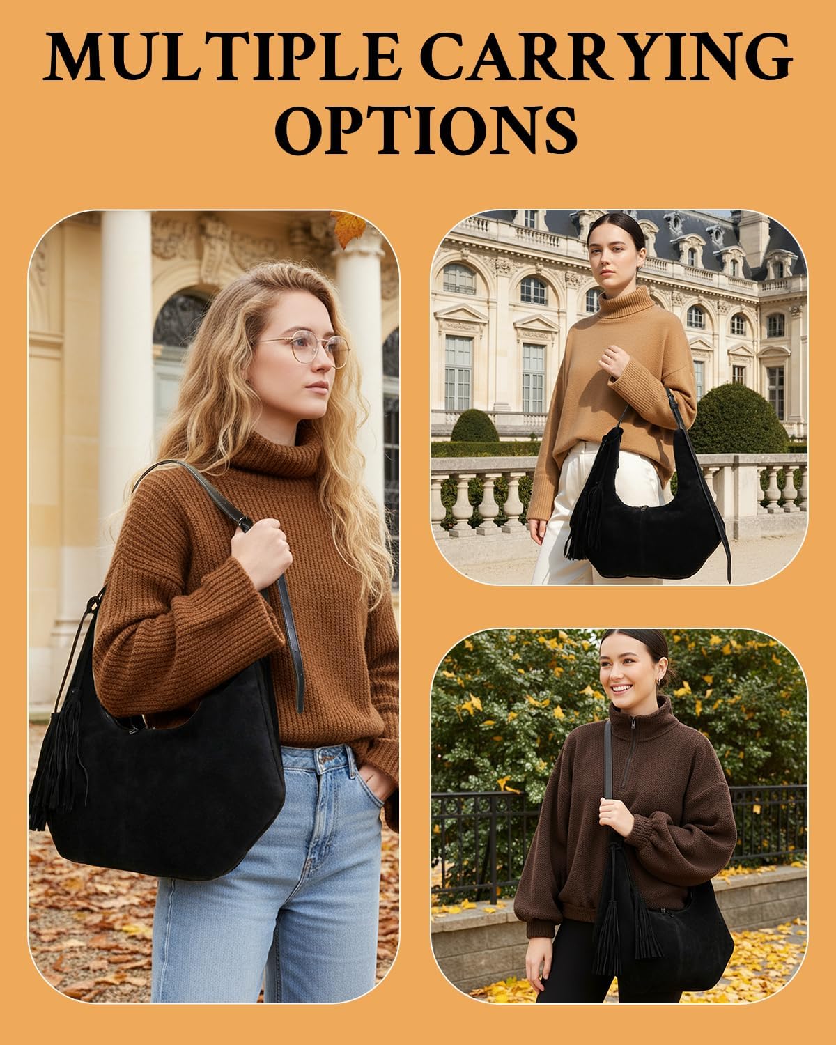 Herald Tassel Suede Hobo Shoulder Bag for Women, Retro Slouchy Crescent Crossbody Purse Handbag with Adjustable Strap - Image 2