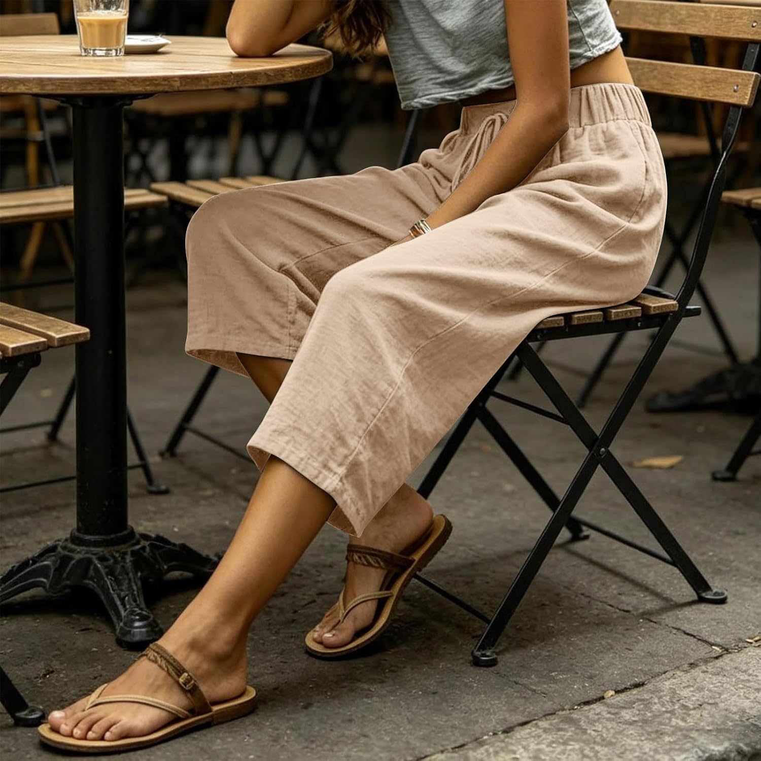 Womens Capri Pants Lightweight Casual Summer Capris Drawstring Elastic Waist Wide Straight Leg Cropped Pants