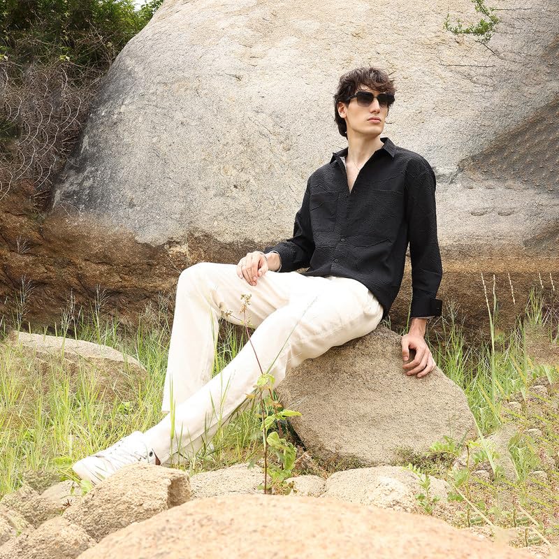 Image of CAHOOT Men's Multitrack Striped Oversized Shirt for Casual Wear | Spread Collar | Long Sleeve | Button Closure | Oversized Shirt Crafted with Comfort Fit for Everyday Wear