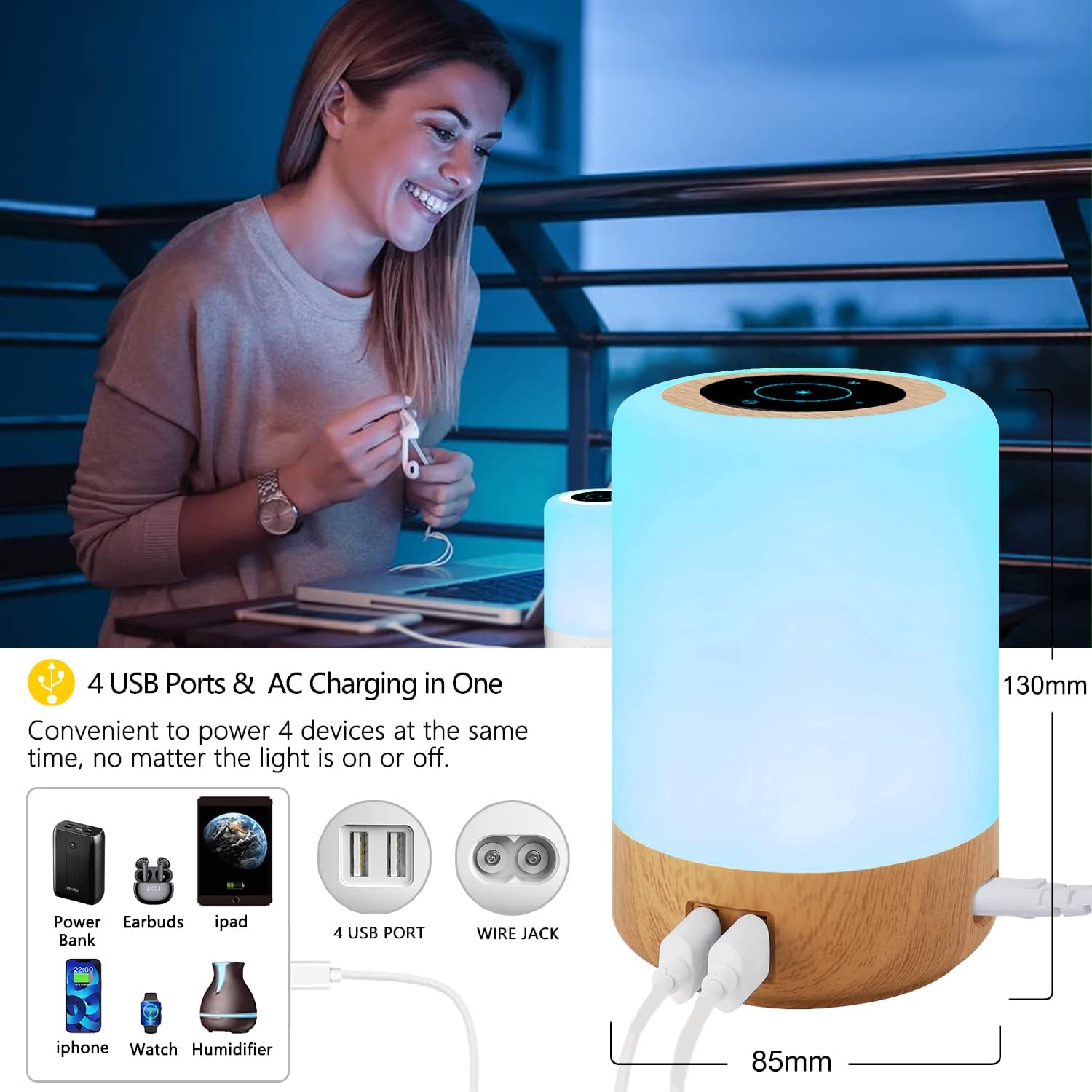 Image showing the Taipow lamp's four USB-A charging ports and AC power input, with various devices connected.