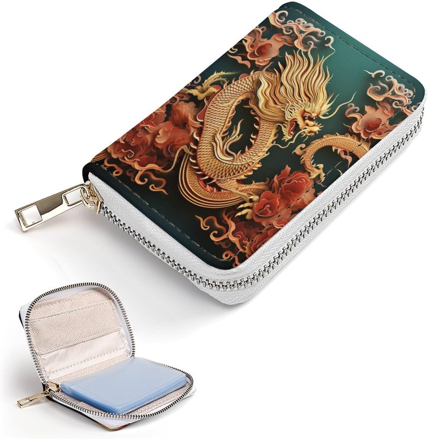 Leather Card Organizer Case Card Wallet Credit Card Holder Dragon Chinese Background Printed Zipper Card Cases Holder for Women Men