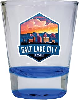 R and R Imports Salt Lake City Utah Souvenir 1.5 Ounce Shot Glass Round Blue A