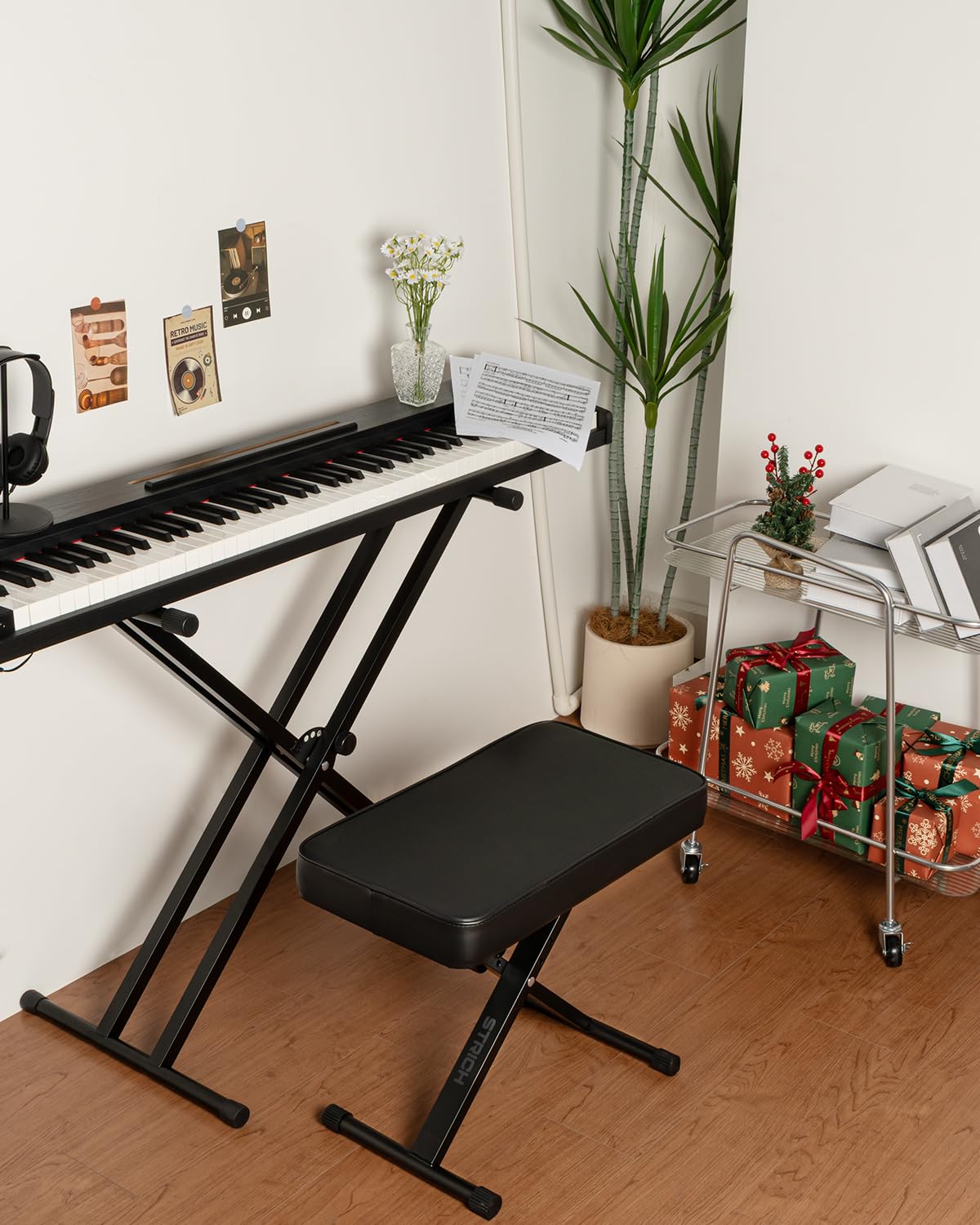 STRICH SPB-M15 - Taburete plegable para piano con teclado musical estilo X, silla de piano con cojín acolchado para músicos, color negro, SPB-M15