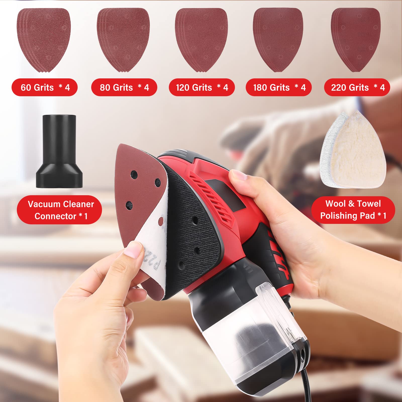 Levigatrice 200W 14000 RPM Multifunzione Levigatrice, 1 Scatola Della Polvere, 3 Tamponi per la Pulizia Della Lucidatura, 1 Tubo di Collegamento Dell'aspirapolvere, 20 Carte Abrasive