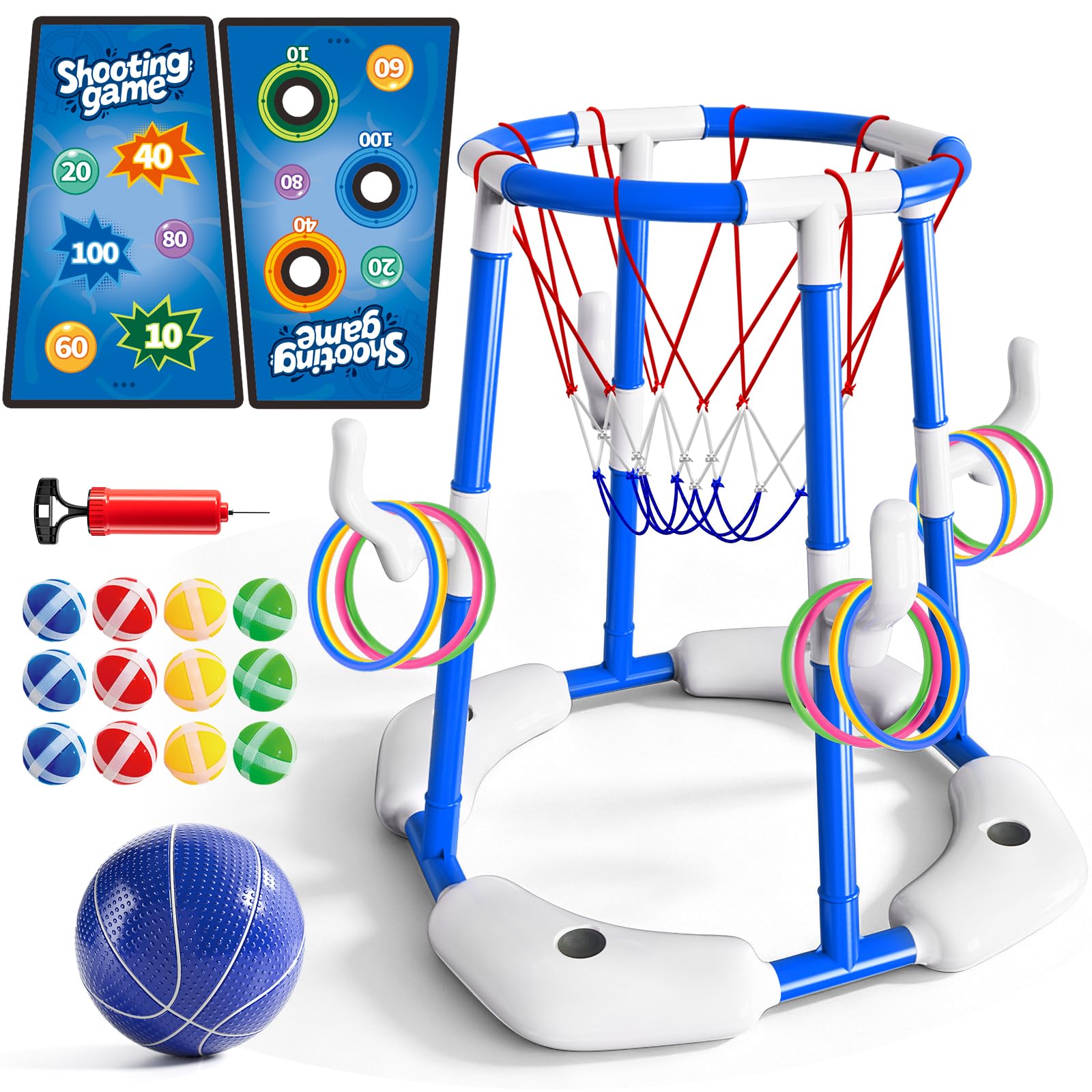 Sitodier Pool Basketball Hoop, 4-in-1 Floating Basketball Hoop with Rings Game Shooting Game and Sticky Balls for Family Party, Outdoor Swimming Pool Games Summer Water Sports Toy for Kids Age 3-12 โ image 1
