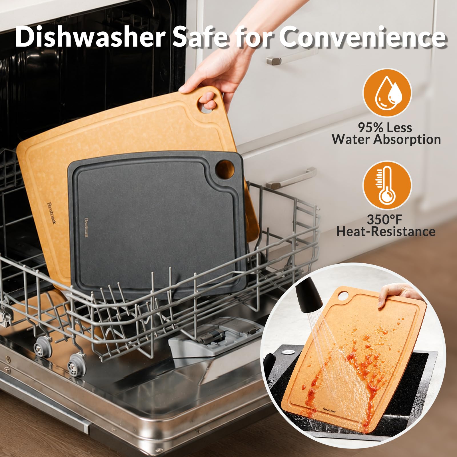BESTCOOK Juego de 2 tablas de cortar de fibra de madera, tablas de cortar compuestas con ranura para jugo, aptas para lavavajillas, no tóxicas, sin BPA, no porosas, patas antideslizantes para cortar