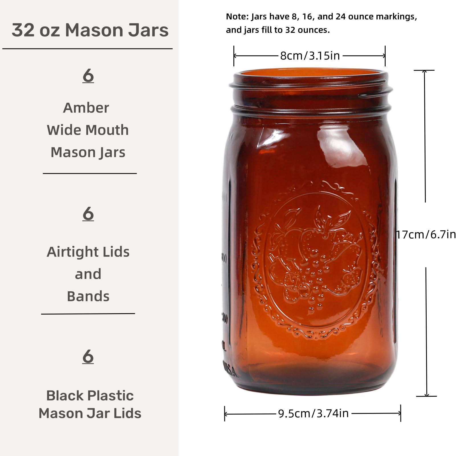 Jumterlee 6 Pack 32 oz Amber Mason Jars, Wide Mouth Mason Jars with Lids and Bands and 6 Black Plastic Mason Jar Lids, Canning Jars Used for Canning, Pickling, Juice, Jam, Jelly