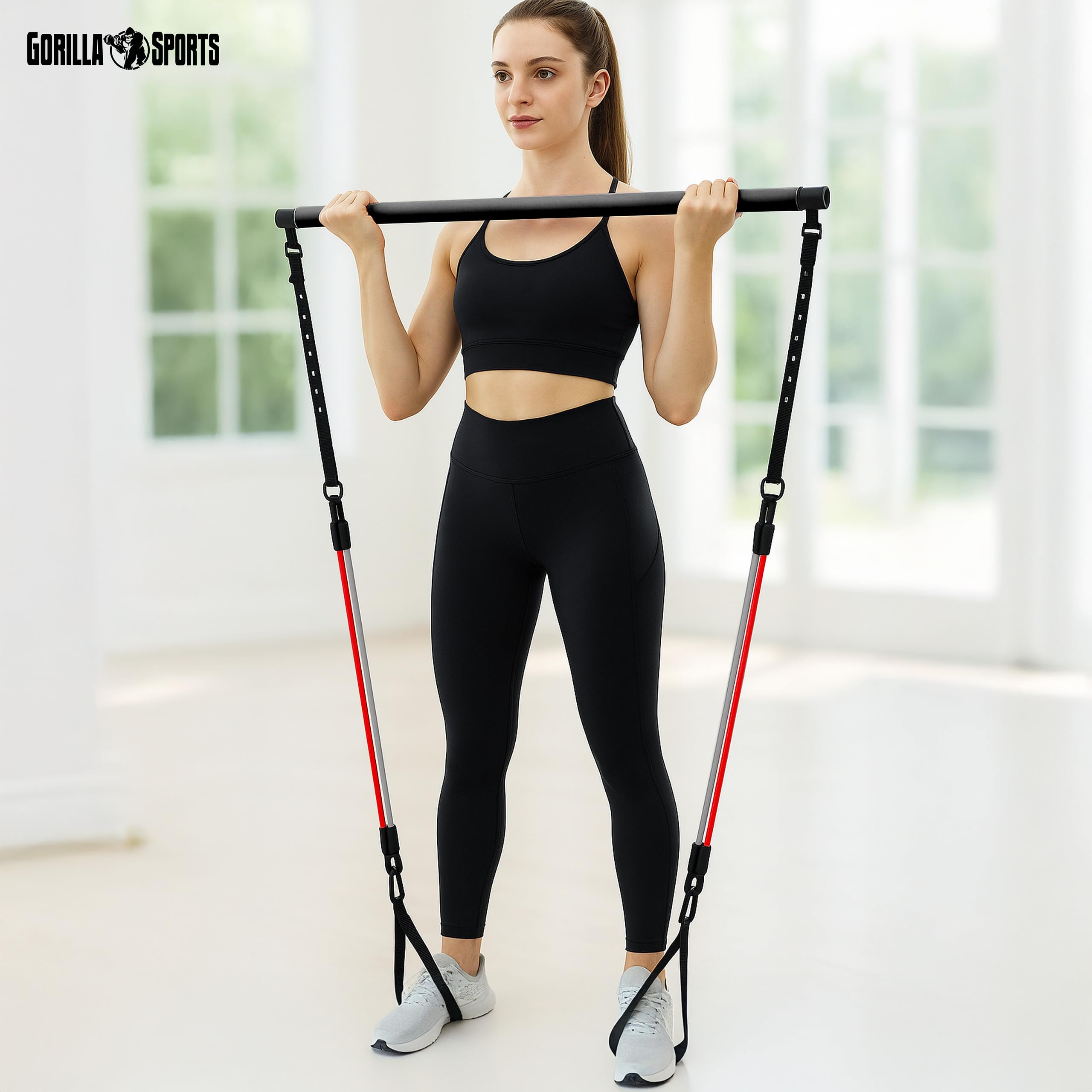GORILLA SPORTS® Pilates Bar Set - mit Stange, Widerstandsbänder, Hand- und Fußschlaufe, Verstellbar - Smart Workout, Resistance Bands, Home Gym Equipment, Krafttraining, Fitness Zubehör