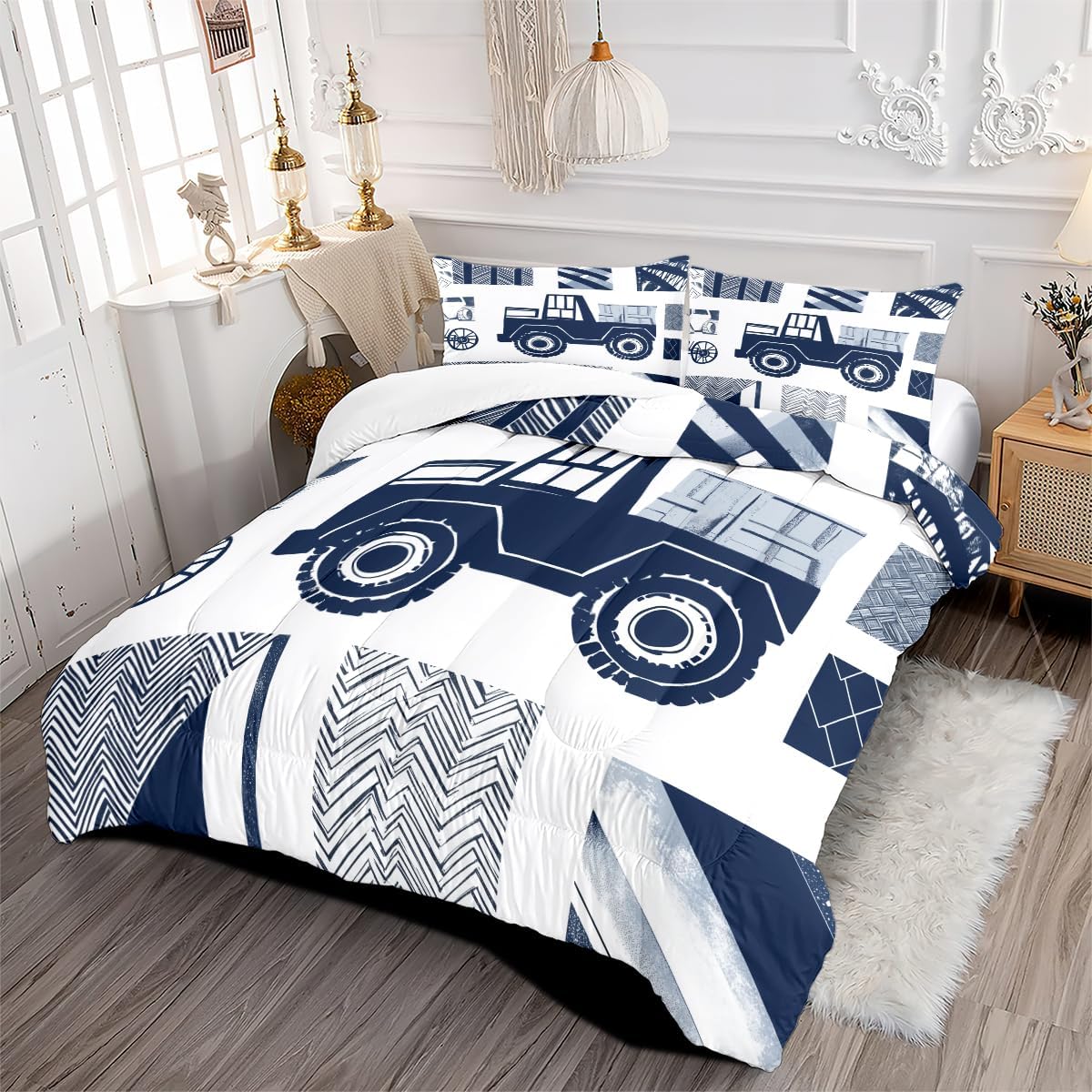 Microfiber Queen Size Comforter Bedding Set Blue Truck Texture Comforter Set Comforter Sets Kids Adult Bedroom Quilt Set with Pillowcases