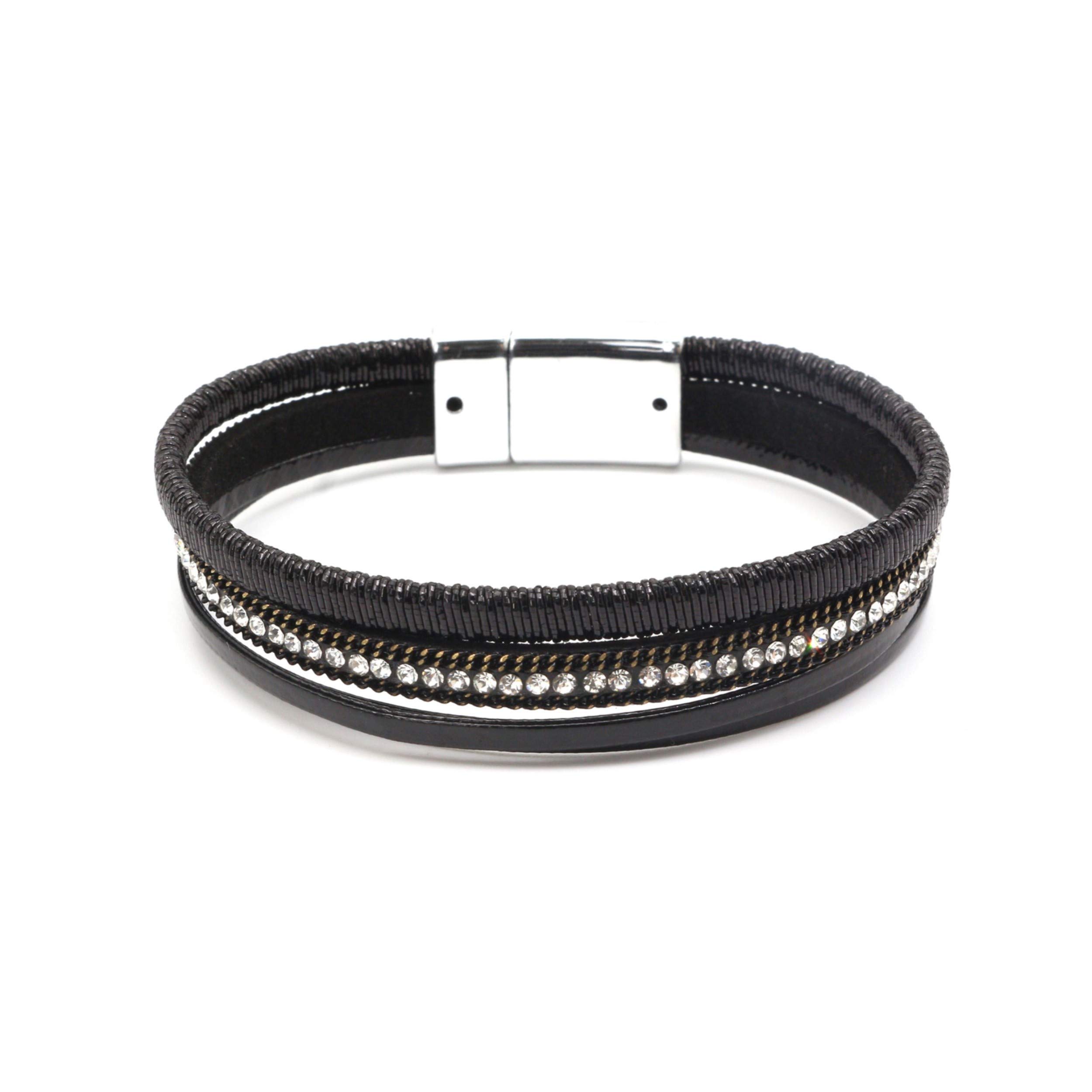 KWONG Dofash Rhinestone Leopard Grain Leather Blonde Magnetic Buckle Alloy Bangle Handmade Cuff Jewelry Wrap Bracelets with Exquisite Box for Lovers Women Girls