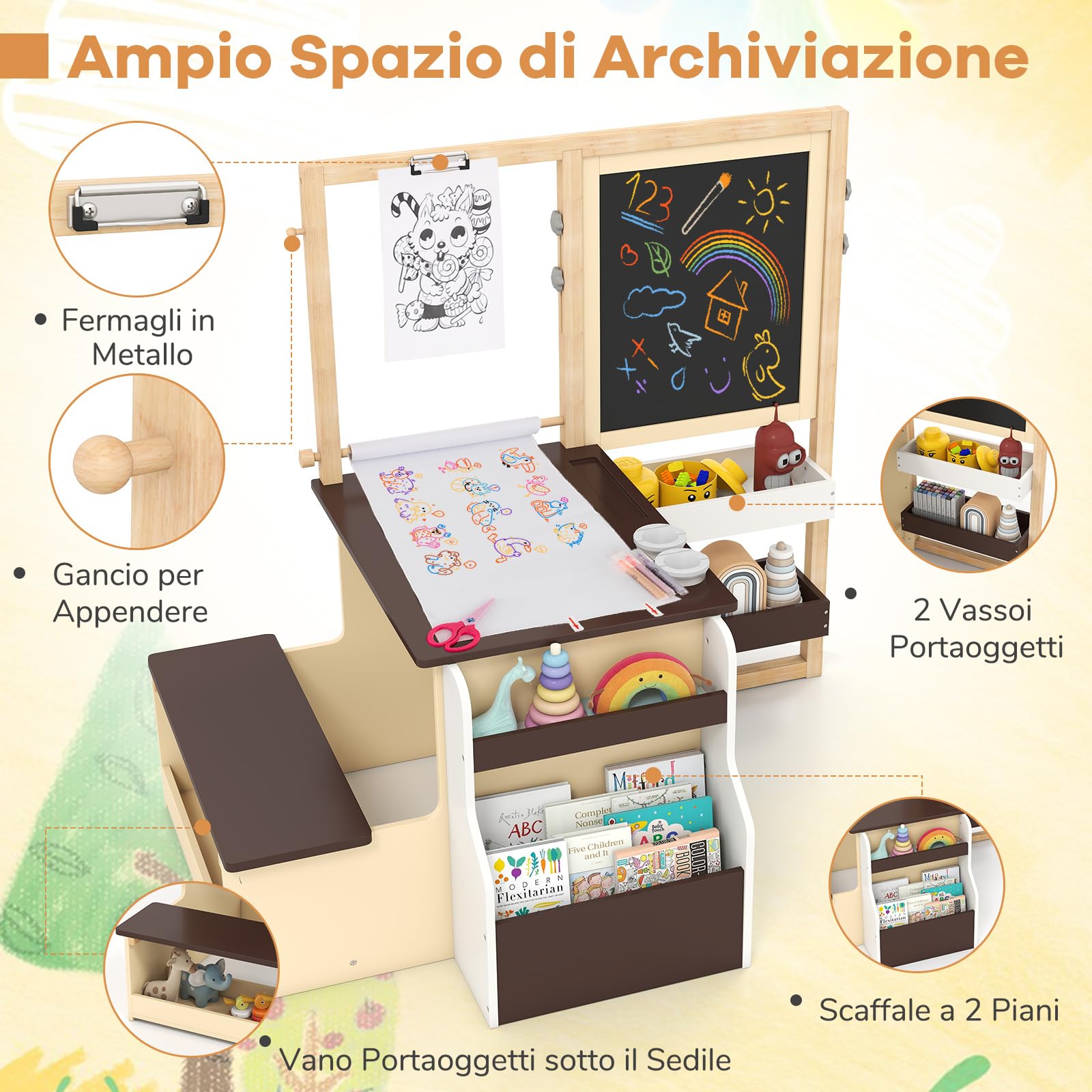 GYMAX Set di Cavalletto con Tavolo e Panca per Bambini, Scrivania Multifunzionale in Legno con Lavagna Bifacciale, Rotolo di Carta, Scaffale, Contenitore, Mobili per Attività (Caffè)