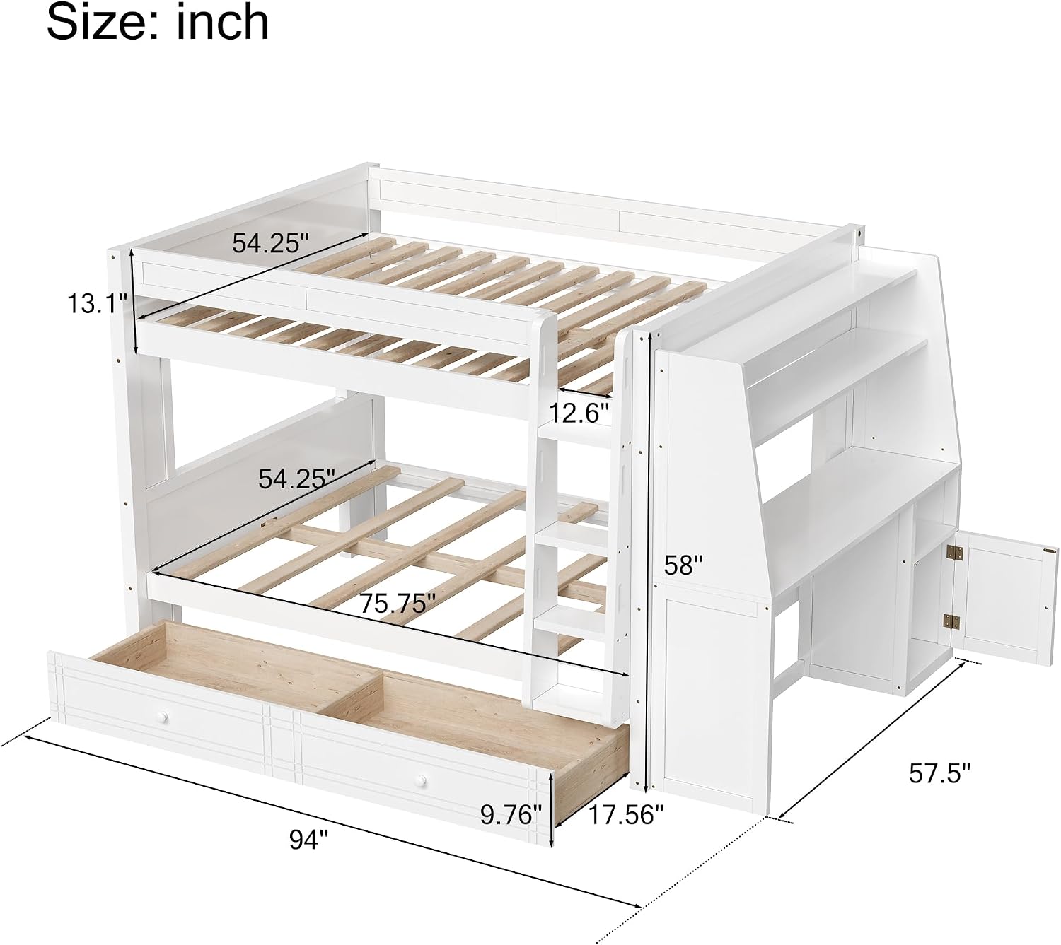 Harper & Bright Designs Full Over Full Bunk Bed with Stair and Storage Drawers, Wood Bunk Bed Frame with Desk & Bookshelves, Full Bunkbeds for Kids, Teens, Adults,White