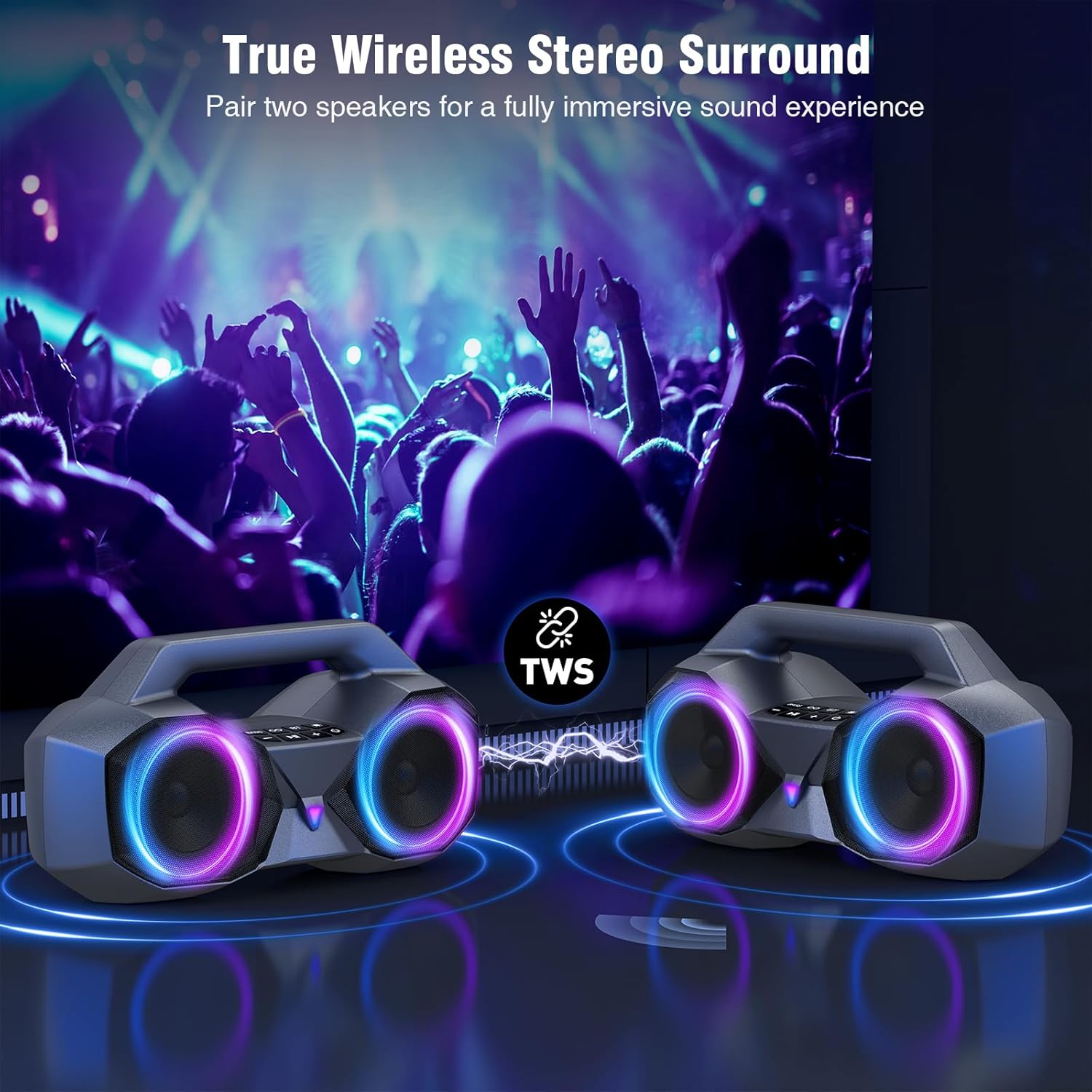 KMAG Bluetooth Speaker Wireless, 80W Loud Speaker with Deeper Bass, IPX7 Waterproof, 20H Playtime, Cool Lights, TWS, Portable Speaker for Home, Outdoor, Workshop, Party, Gift for All (Sliver) - Image 6