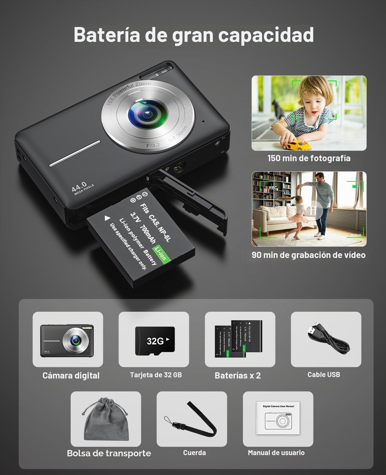 Cámara de Fotos Digital 1080P 44 MP cámara de Fotos con Zoom Digital de 16 x cámara compacta portátil Vlogging cámara Digital para niños Adolescentes Principiantes