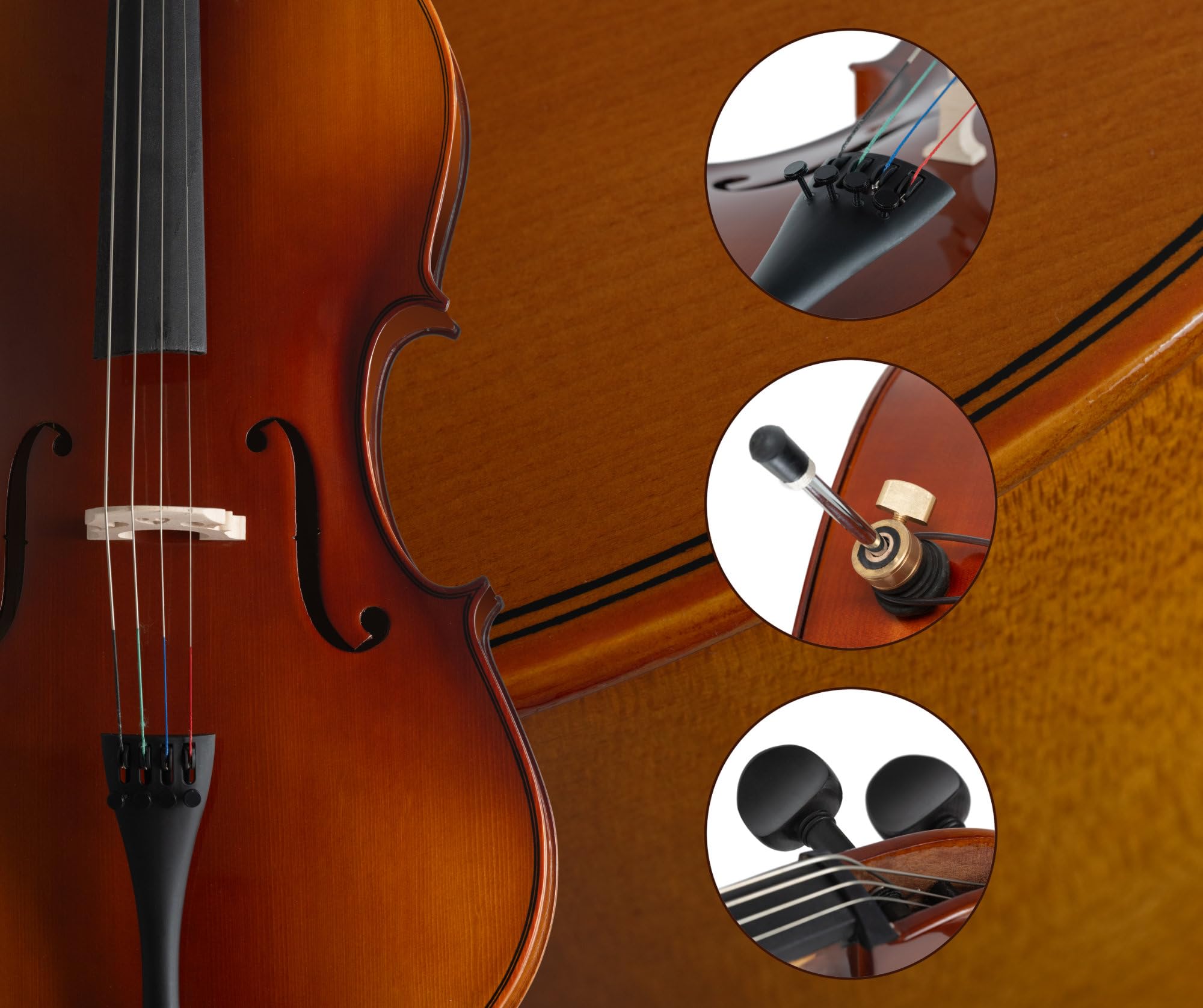 Classic Cantabile Student Cello 3/4: tavola in abete laminato, fondo, fasce, manico e ponticello in acero, tastiera in tiglio tinto, meccaniche e capotasto in acero annerito. Include arco e custodia.
