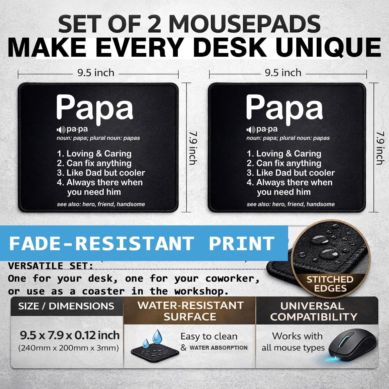 Papa Definition Mouse Pad Set, Rubber, Black, Non-Slip Base, Office, 9.5x8 inches, Rectangular, 2 Pack image 2