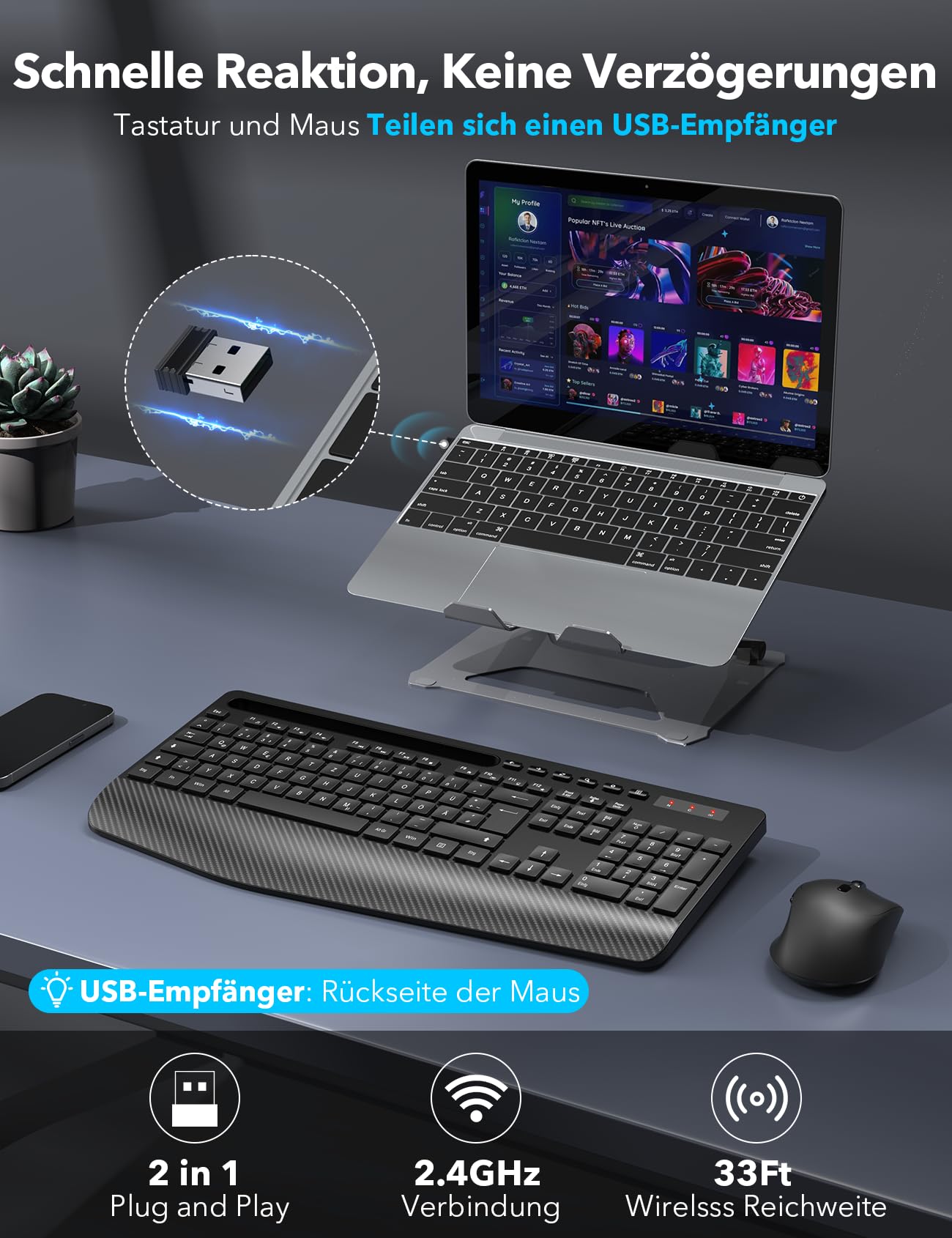 Kabelloses Tastatur Maus Set, Ergonomische Tastatur mit Handgelenkauflage, 2,4 GHz, leise, für Mac Windows Laptop PC