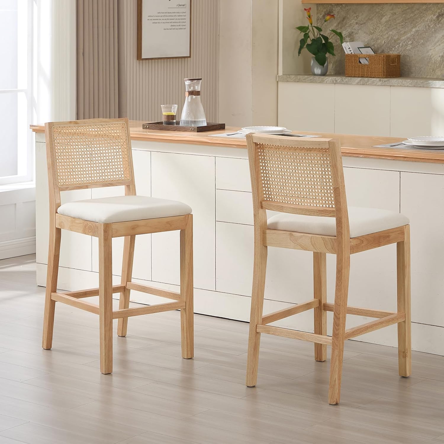Rattan Counter Height Bar Stools Set of 2,Upholstered Linen Fabric Barstools with Cane Back/Solid Wood Legs, 26"Farmhouse Mid Century Modern Bar Chair Island Stool for Kitchen Counter, Cream